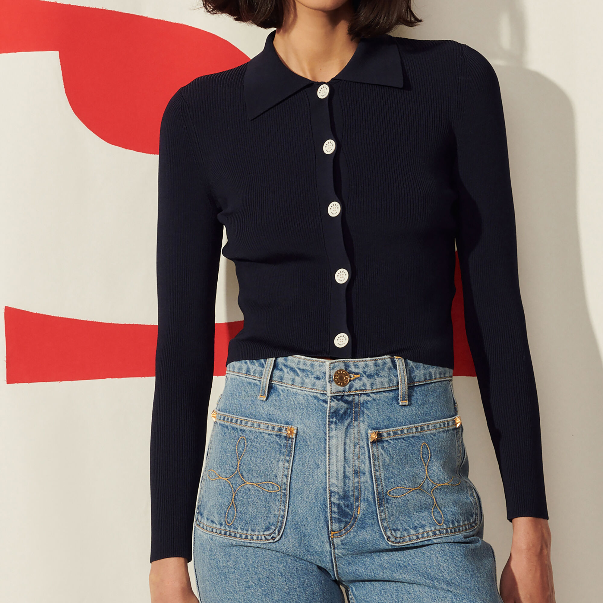 Sandro Cropped Cardigan With Contrast Buttons In Navy Blue