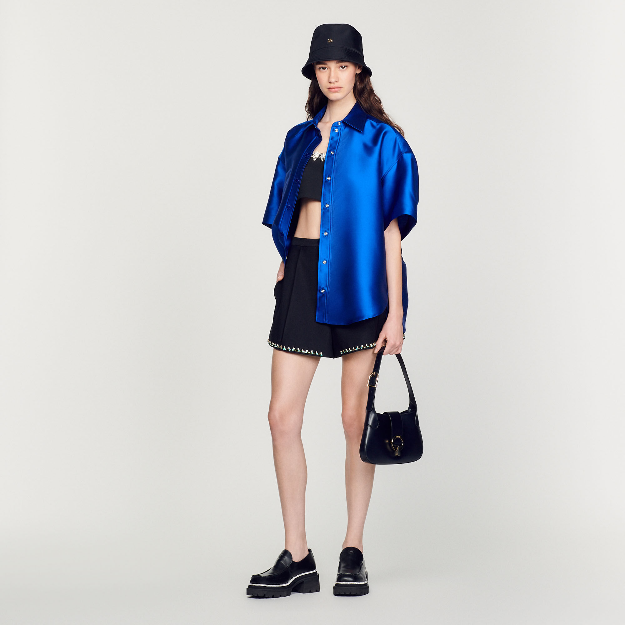 Sandro June Satin Short-sleeve Button-down Shirt In Electric Blue