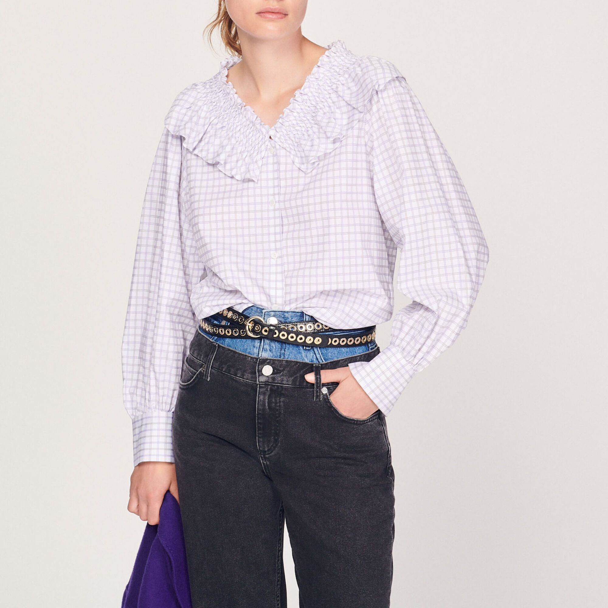 Sandro Devie Ruffle Bib Cotton Button-up Blouse In White / Purple