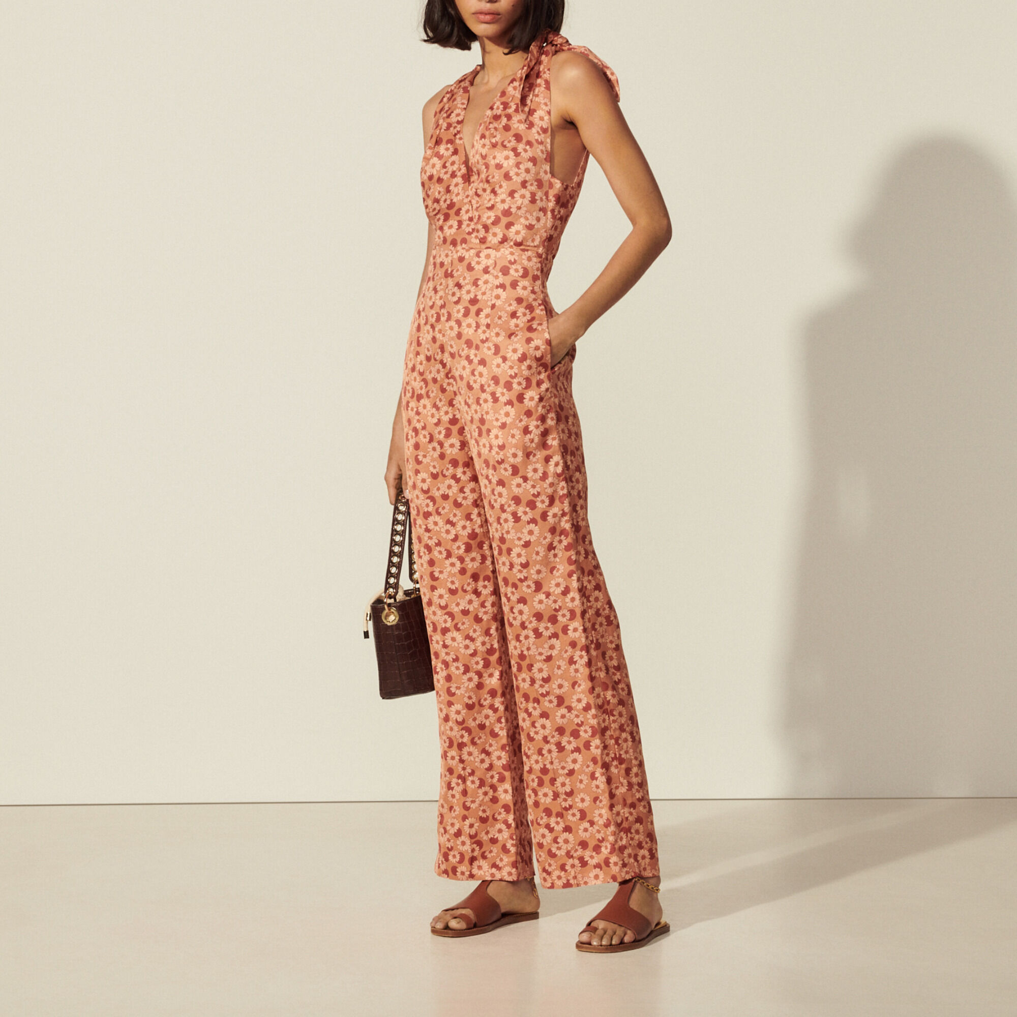 Sandro Ellande Cutout Printed Twill Jumpsuit In Brown