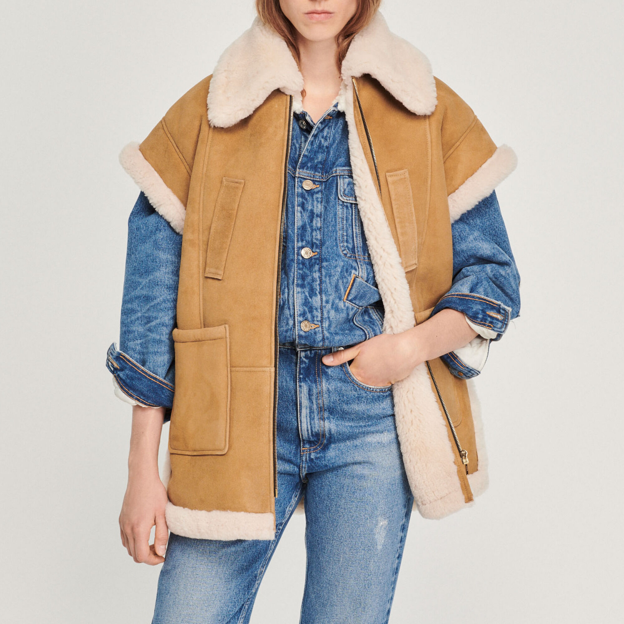 Sandro Sheepskin Vest In Camel