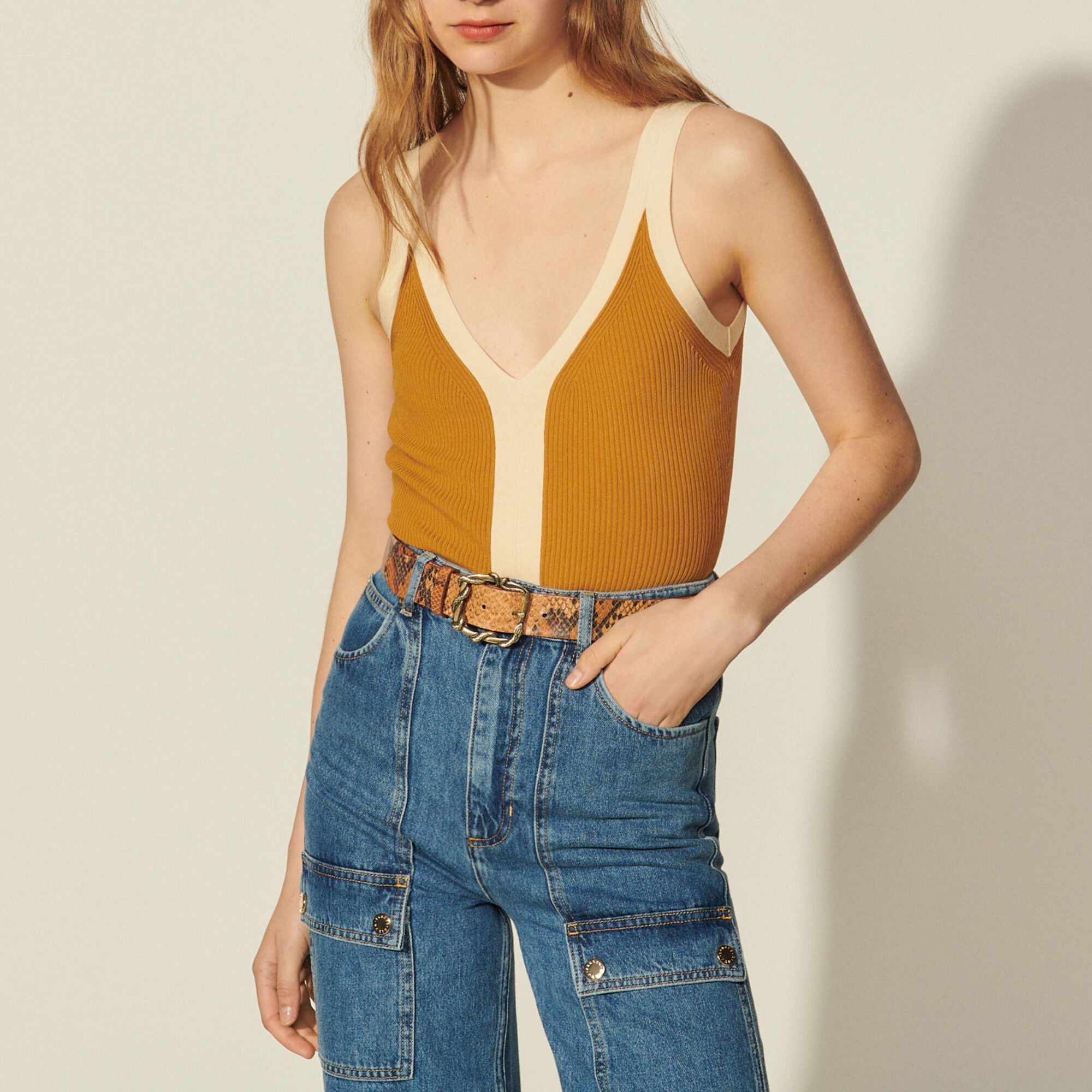 Sandro Two-tone Knitted Bodysuit With Straps In Ochre