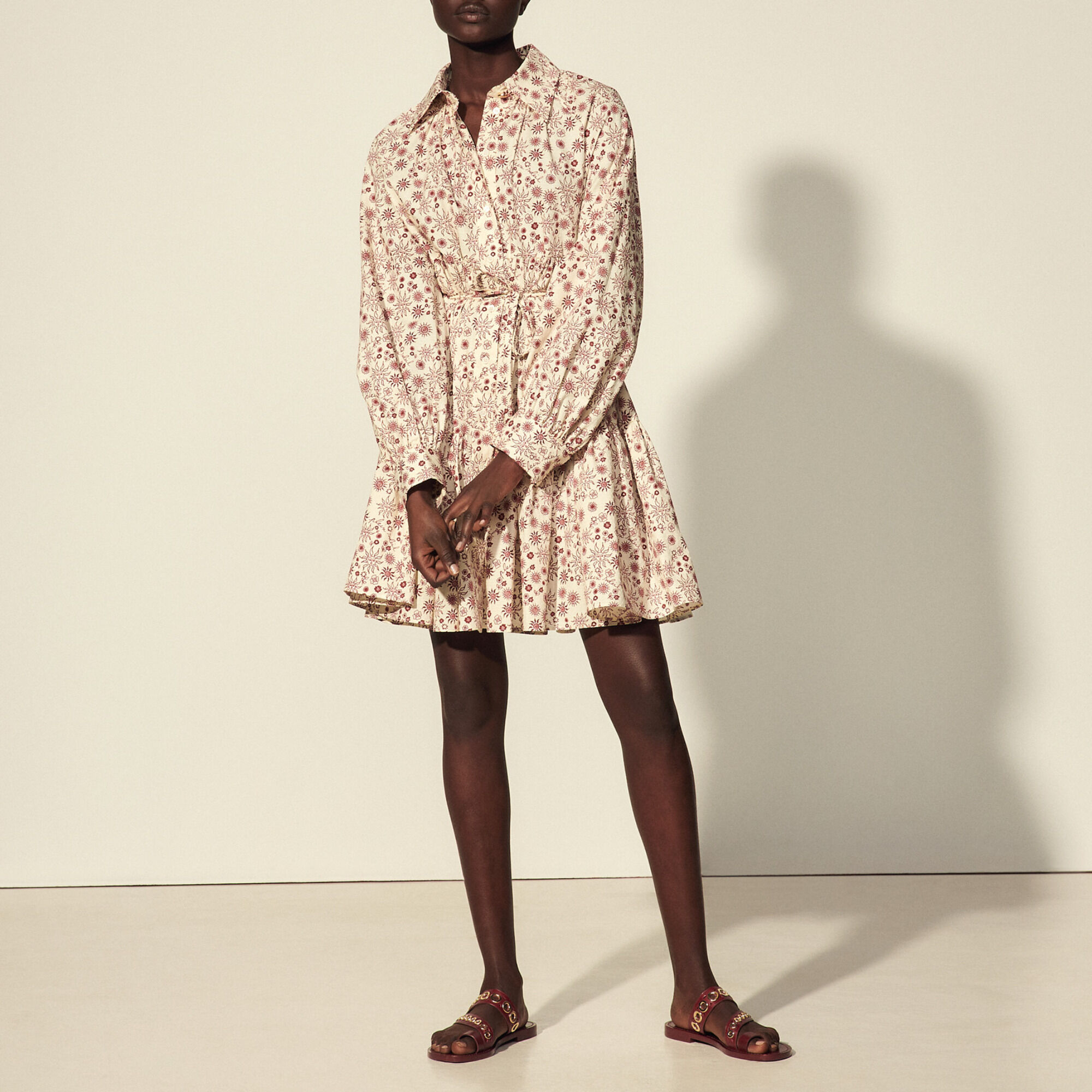 Sandro Flared And Printed Shirt Dress In Neutrals