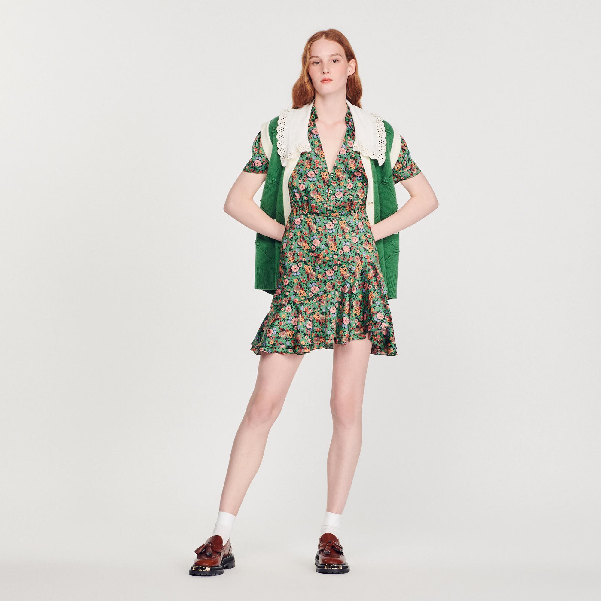 Sandro Short-sleeved Dress With Floral Print In Green / Orange