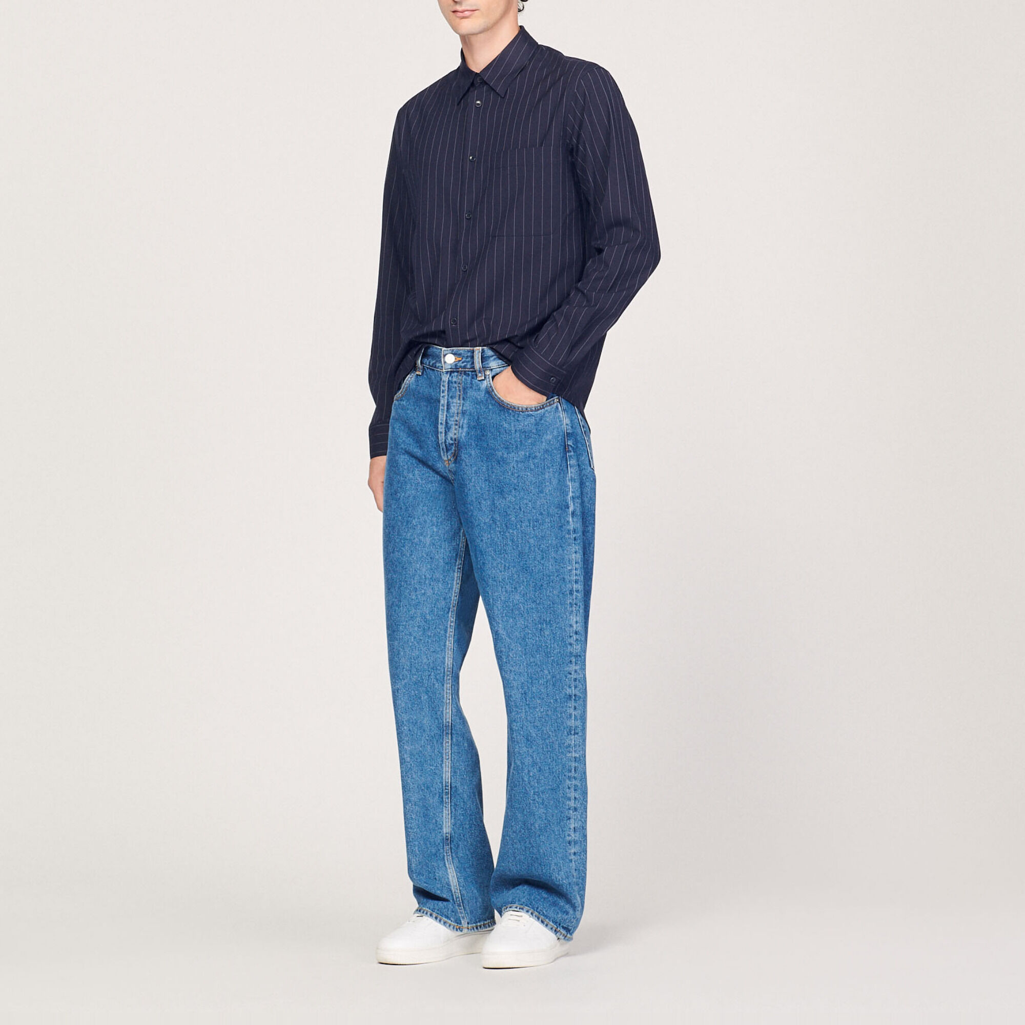 Sandro Pinstripe Flow Stretch Button-up Shirt In Navy Blue