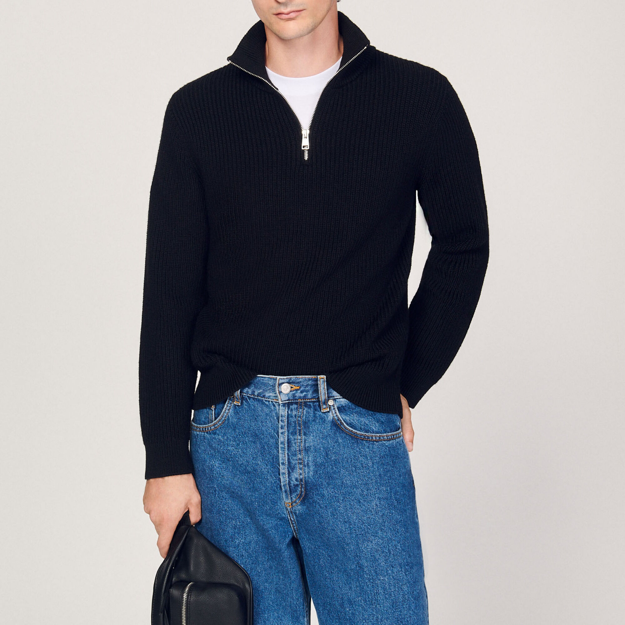 Sandro Wool Blend Ribbed Knit Quarter Zip Mock Neck Sweater In Black