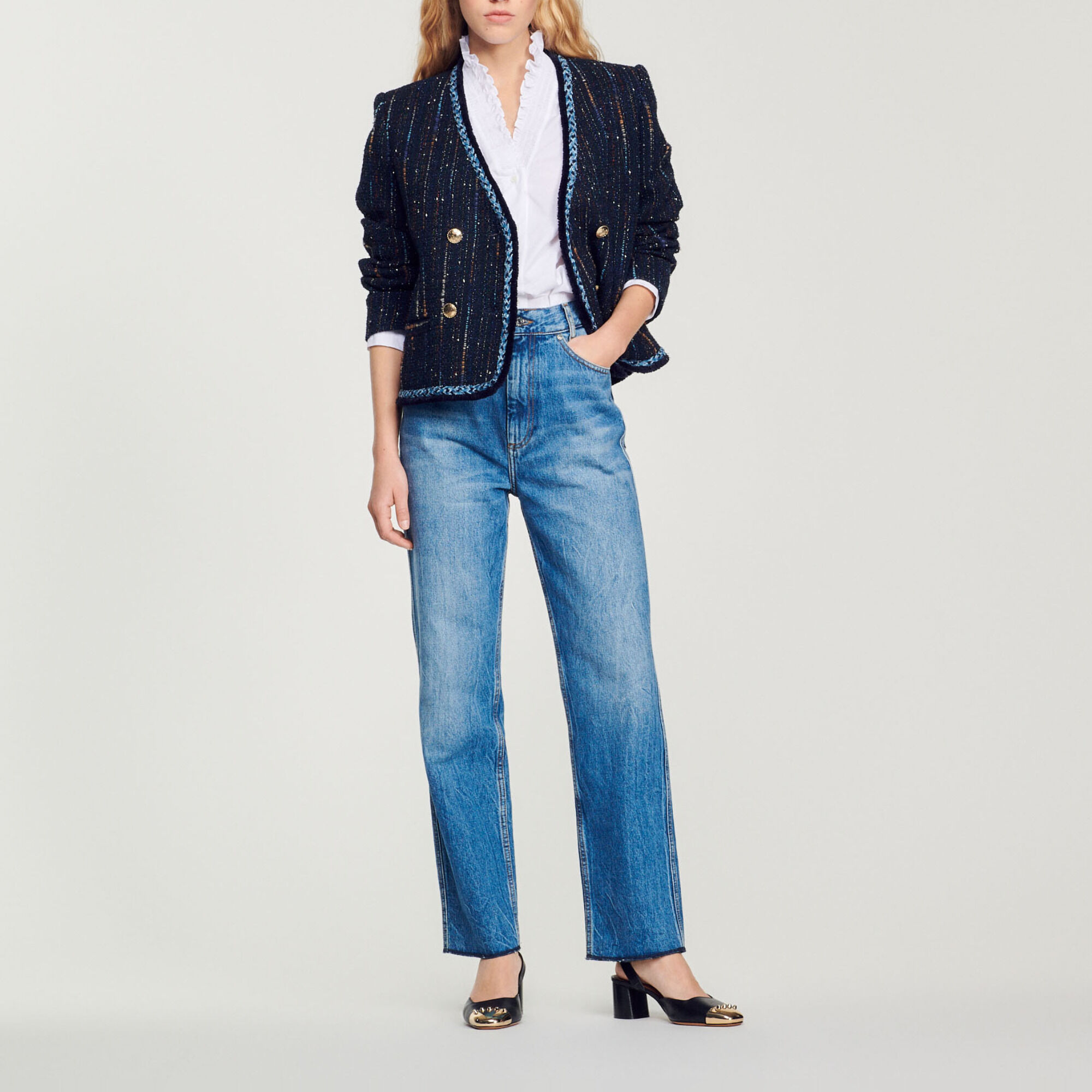 Sandro Tweed Double breasted Jacket In Deep Blu ModeSens