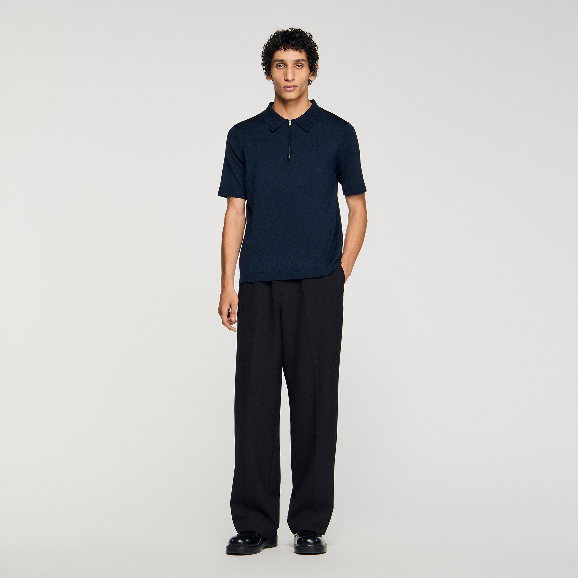 Knitted polo shirt with zip collar blue for Men | Sandro Paris