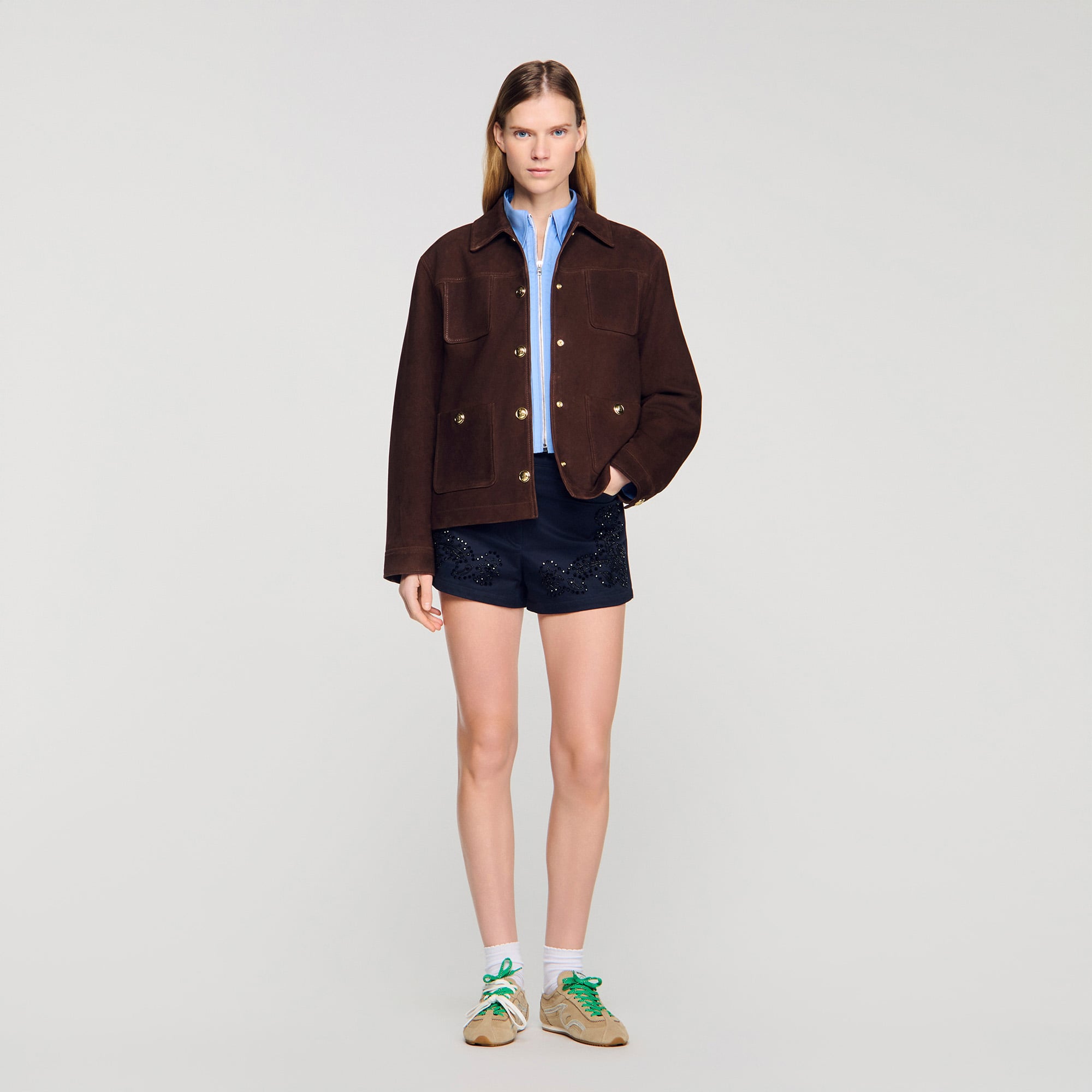 [ayu⭐︎]SANDRO ブラウン クロップドジャケット Cropped dual-fabric jacket in Brown for Women | Sandro Paris