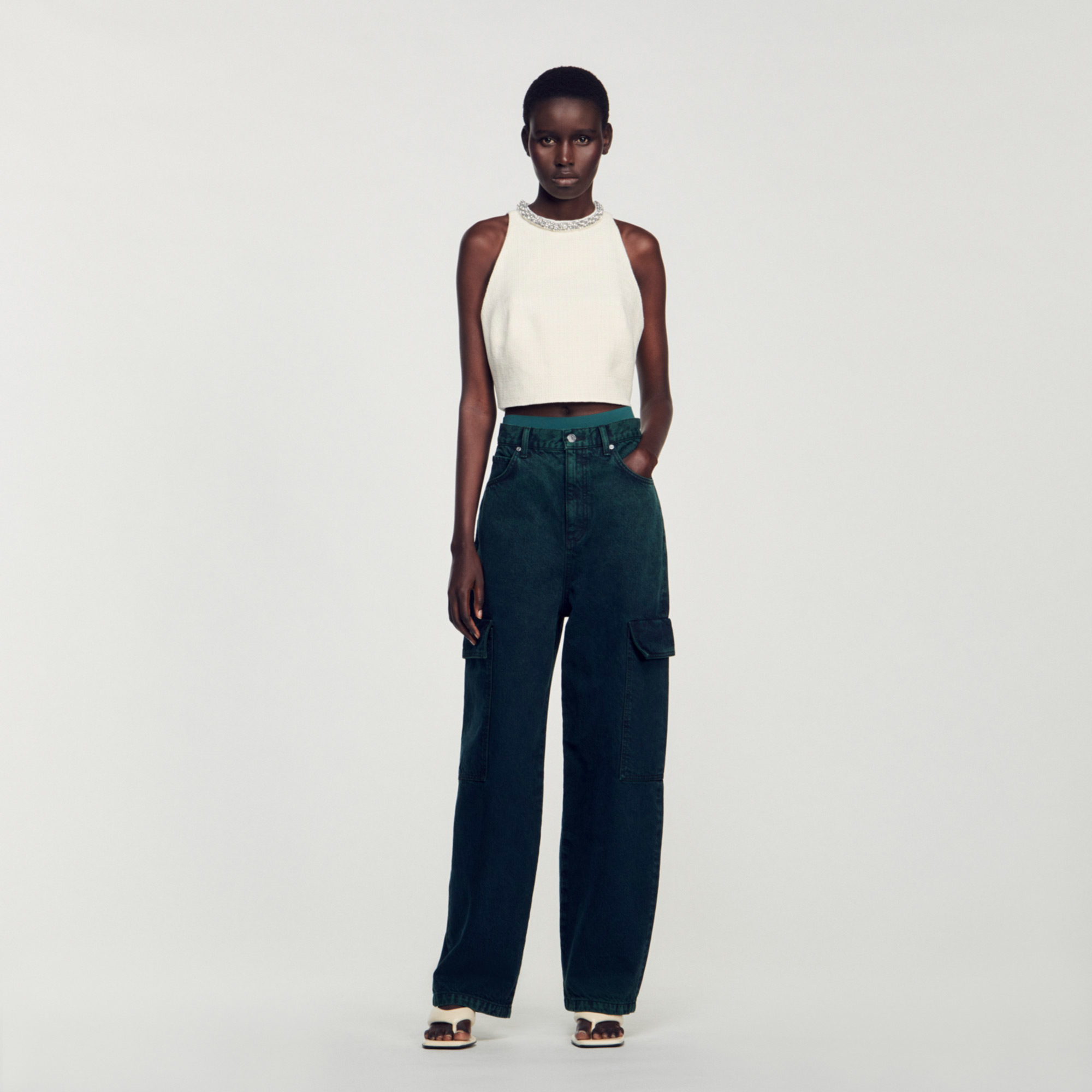 Sandro cotton Tweed crop top with jewelry collar embellished with rhinestones and American-style armholes