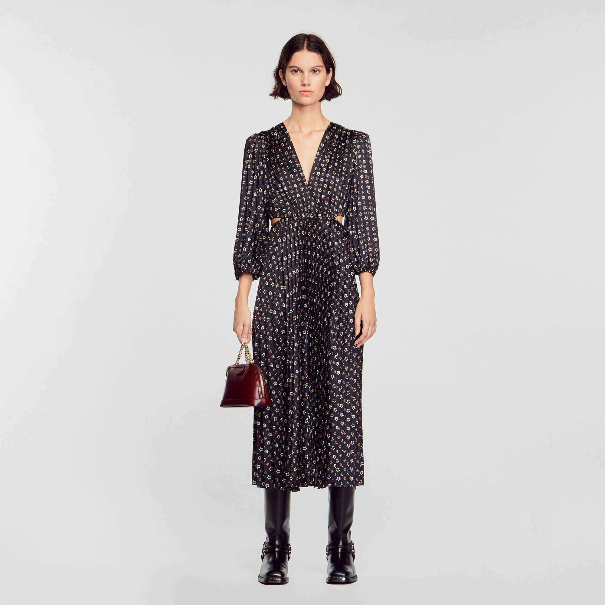 Sandro polyester Long pleated dress with a mini stars print, long voluminous sleeves with gathered cuffs, an elasticated waist with cut-outs at the sides, and a flared skirt