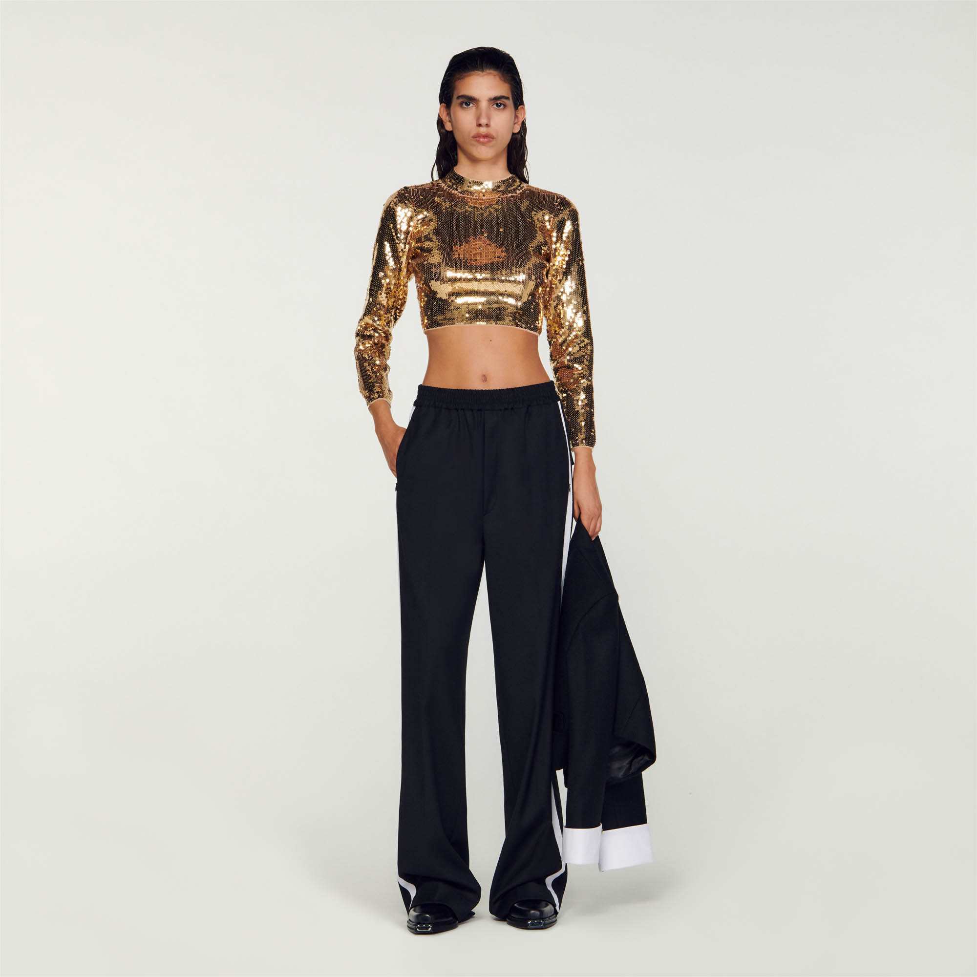 Sandro viscose Sequin knit sweater with high neck and long sleeves