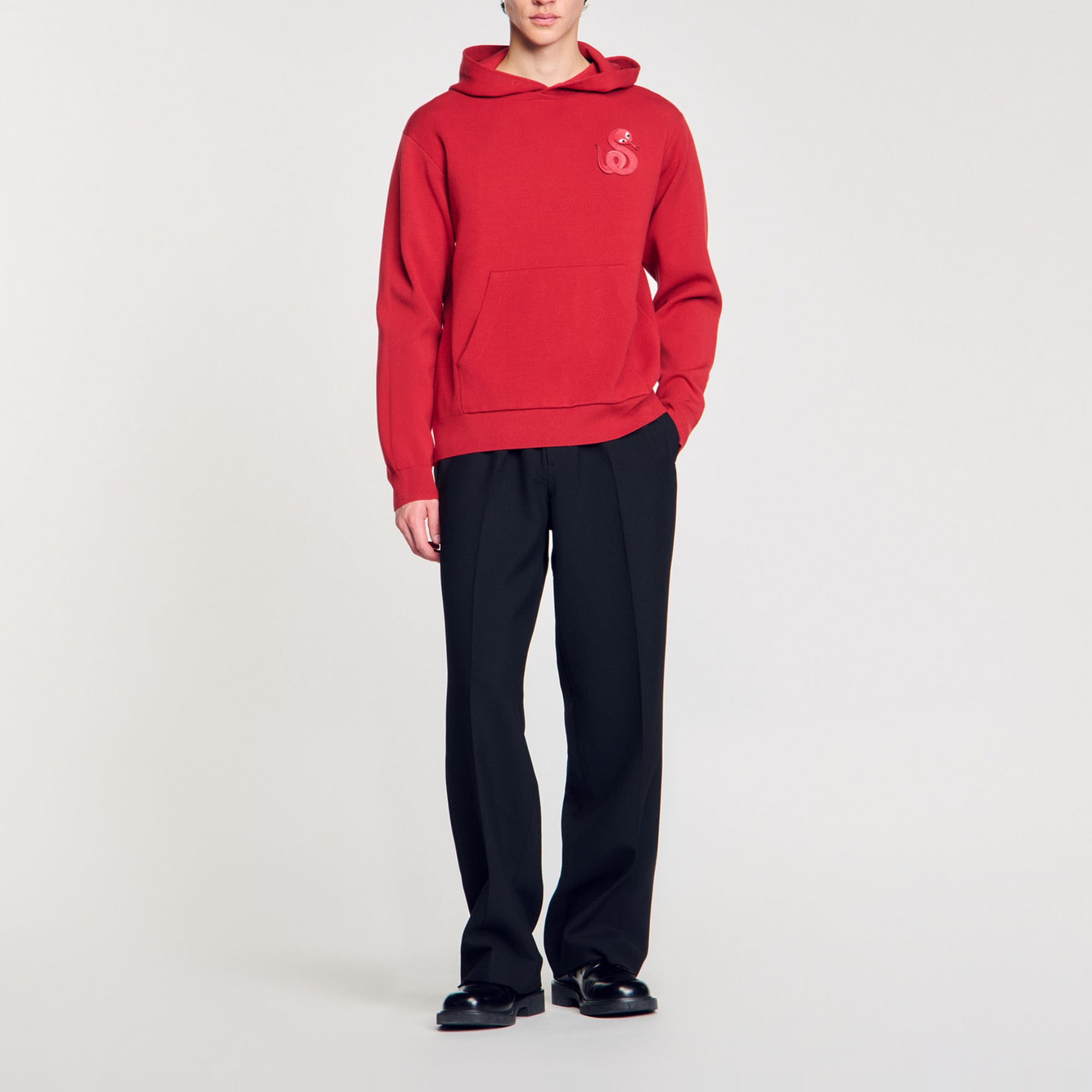 Sandro viscose Milano knit sweatshirt with hood, long sleeves and embossed floral snake patch