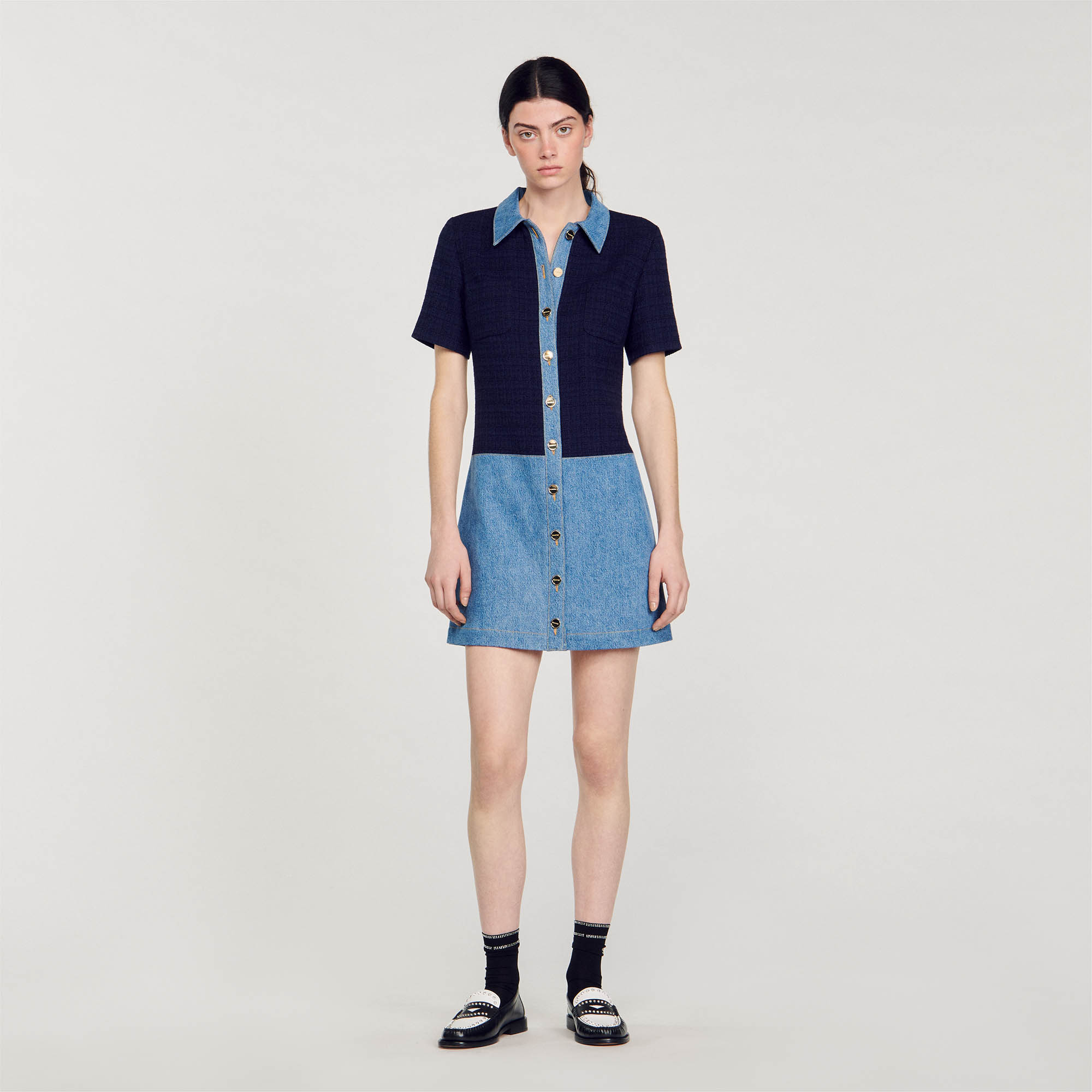 Sandro cotton Dual-material short denim and tweed dress with shirt collar, short sleeves and button fastening