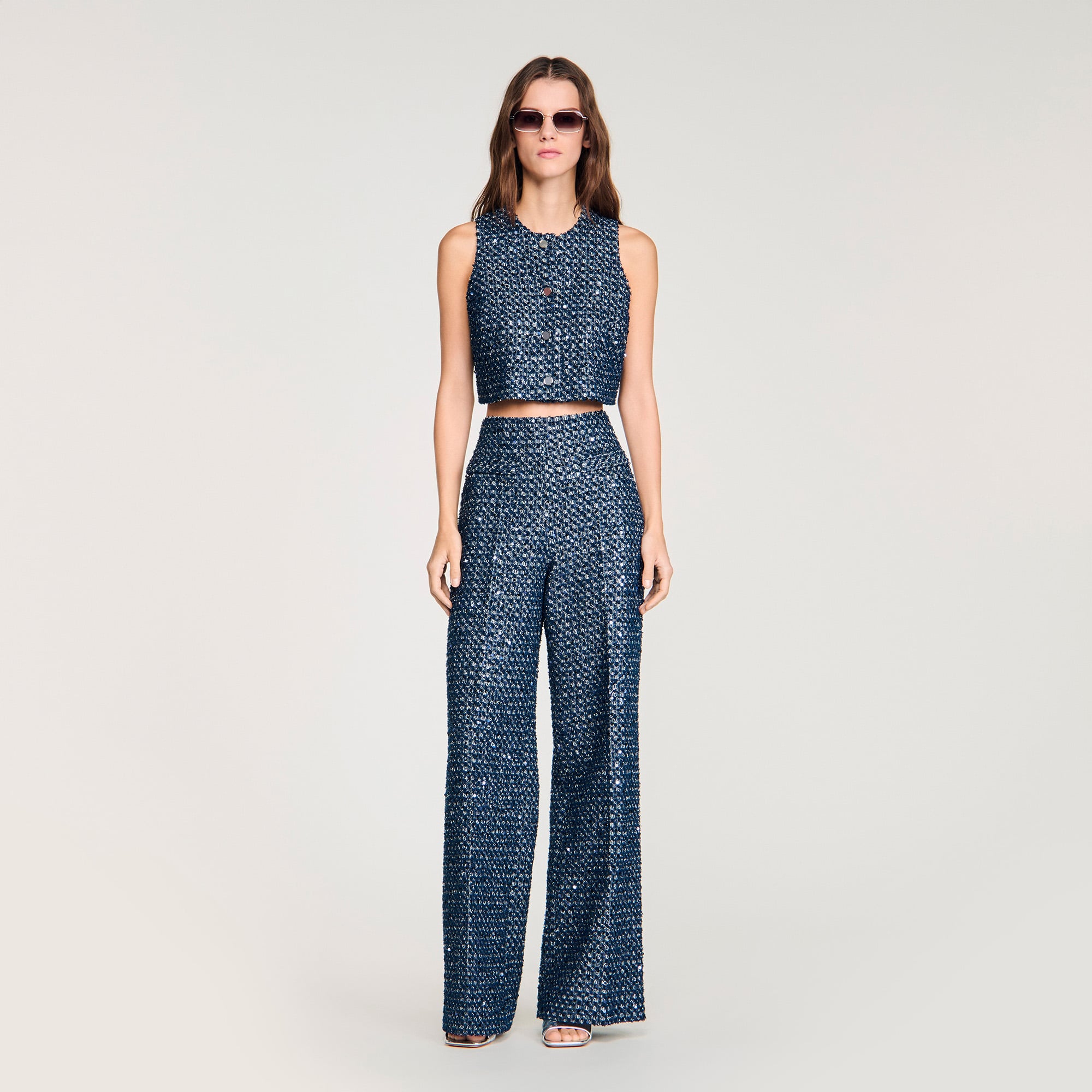 Sandro cotton Fancy sequin crop top with a round neckline and button fastening