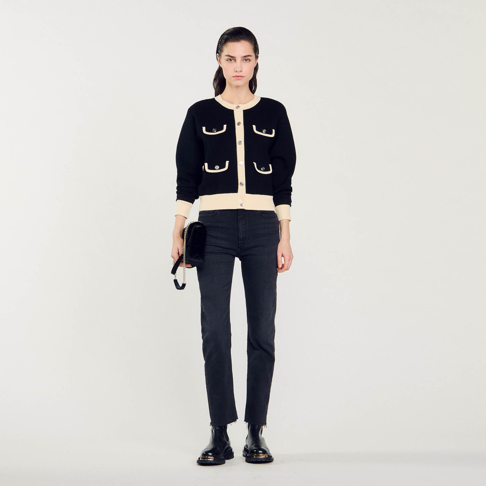 Sandro viscose Two-tone cardigan with long sleeves, flap pockets, and fancy buttons