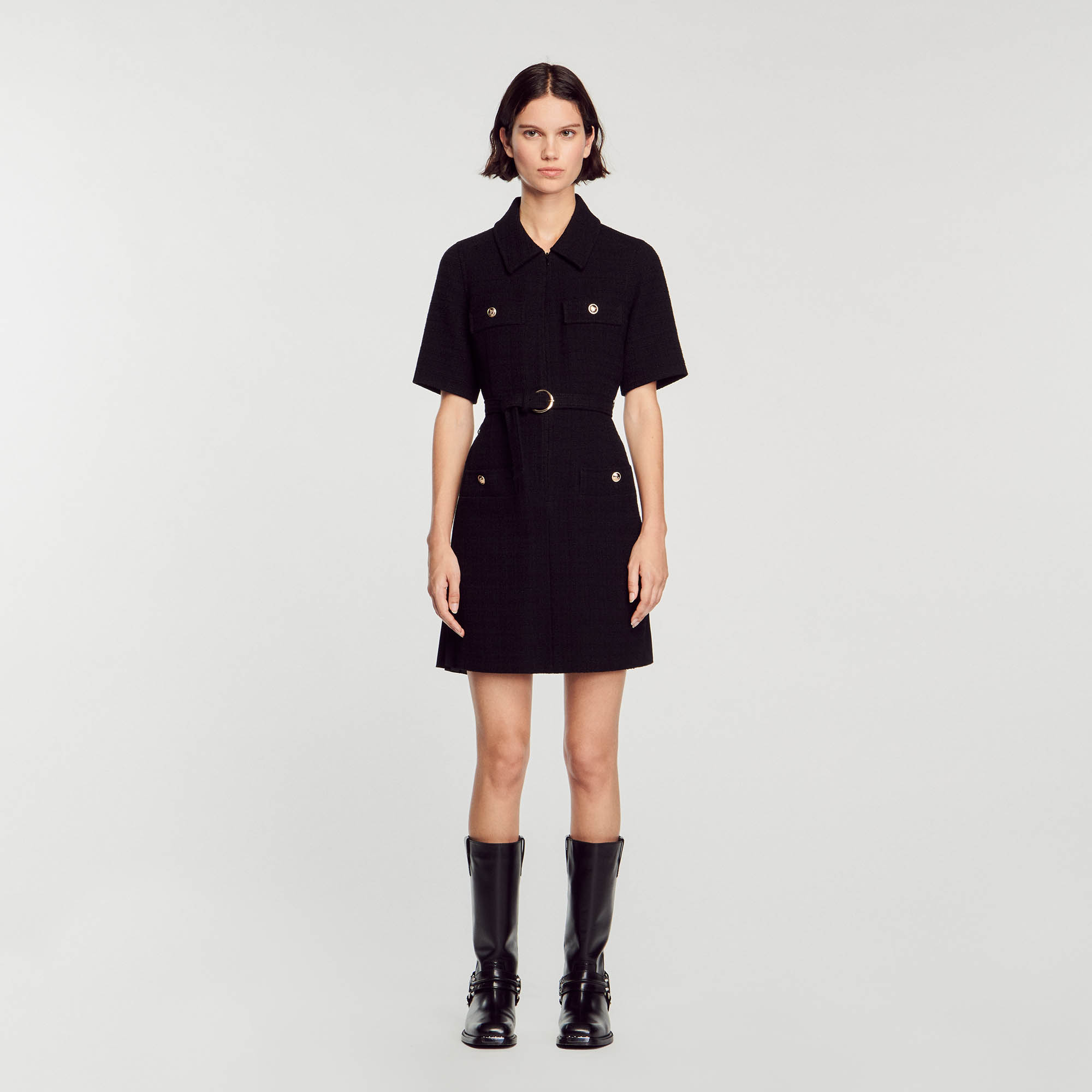 Sandro cotton Short tweed dress with a shirt collar, a button fastening, short sleeves and sunray pleats on the back