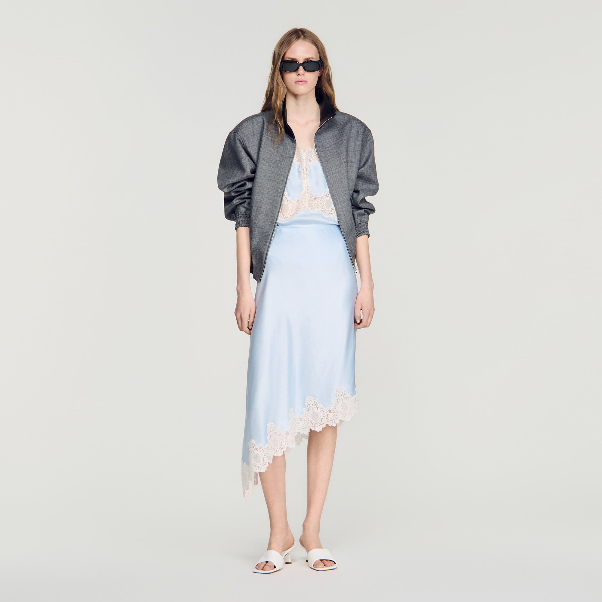 Asymmetrical satin skirt with lace in Ecru for Women | Sandro Paris