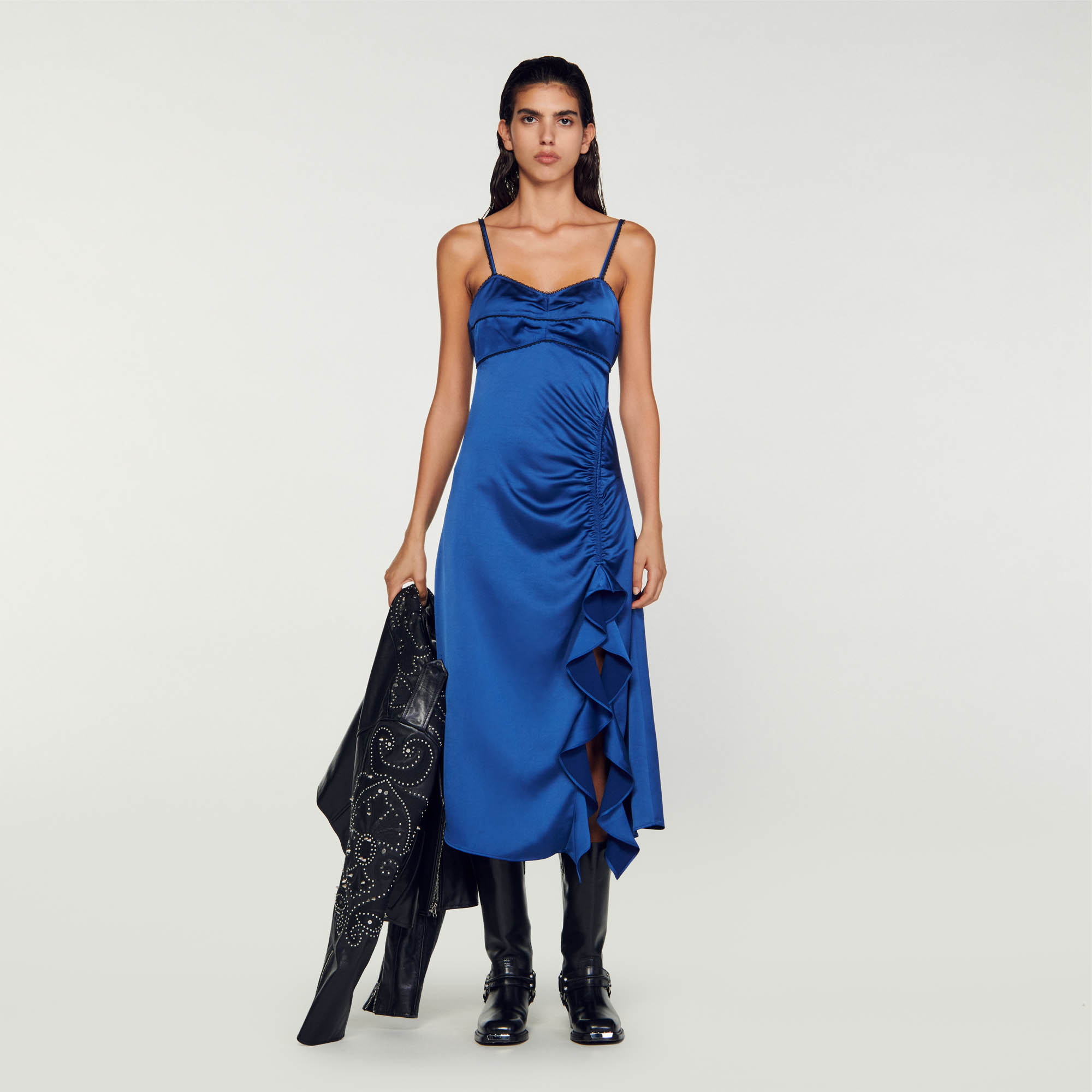 Sandro polyester Lining: Floaty, satin-effect dress with lingerie-style spaghetti straps, featuring a corset-style neckline, hook-and-eye fastenings at the back, and an asymmetrical skirt gathered and ruffled at the front with drawstrings