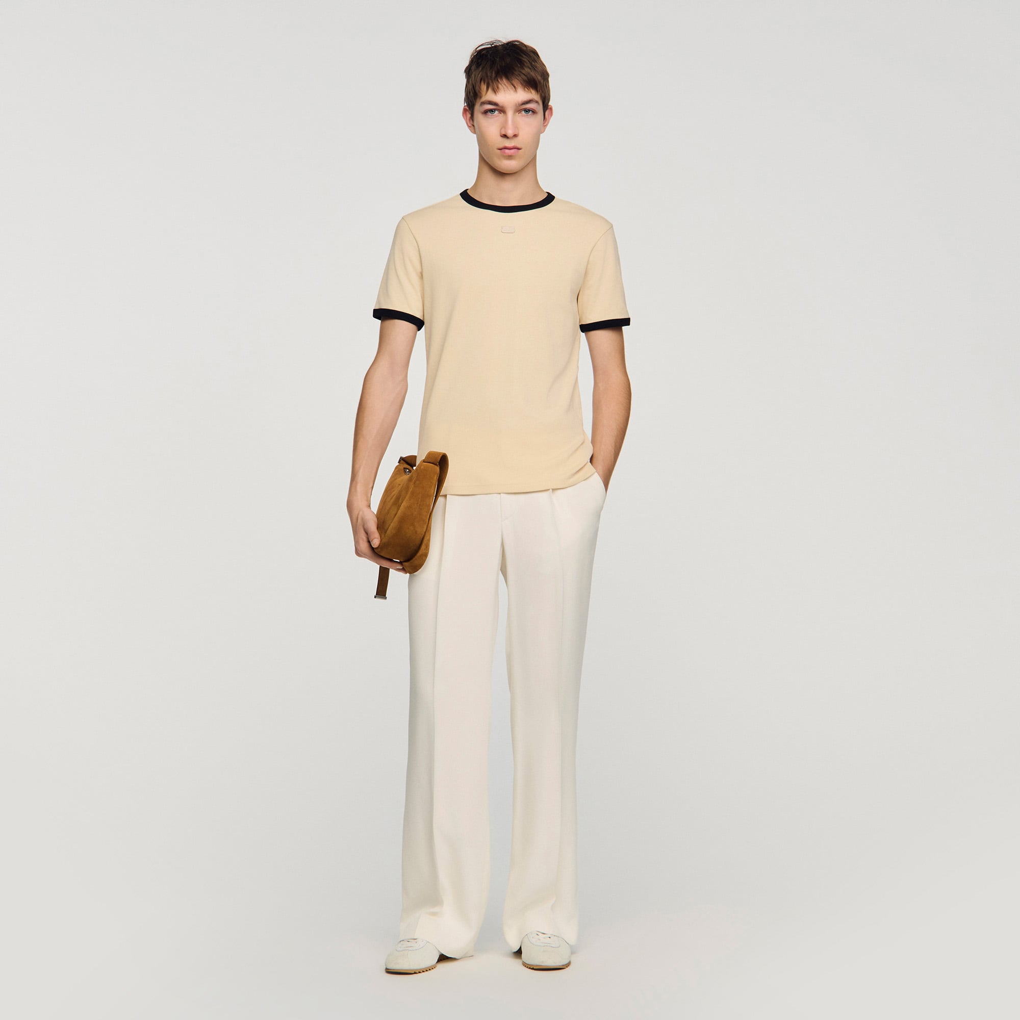 Sandro cotton Short-sleeved, round-neck cotton T-shirt with contrasting hems and a double S patch on the front