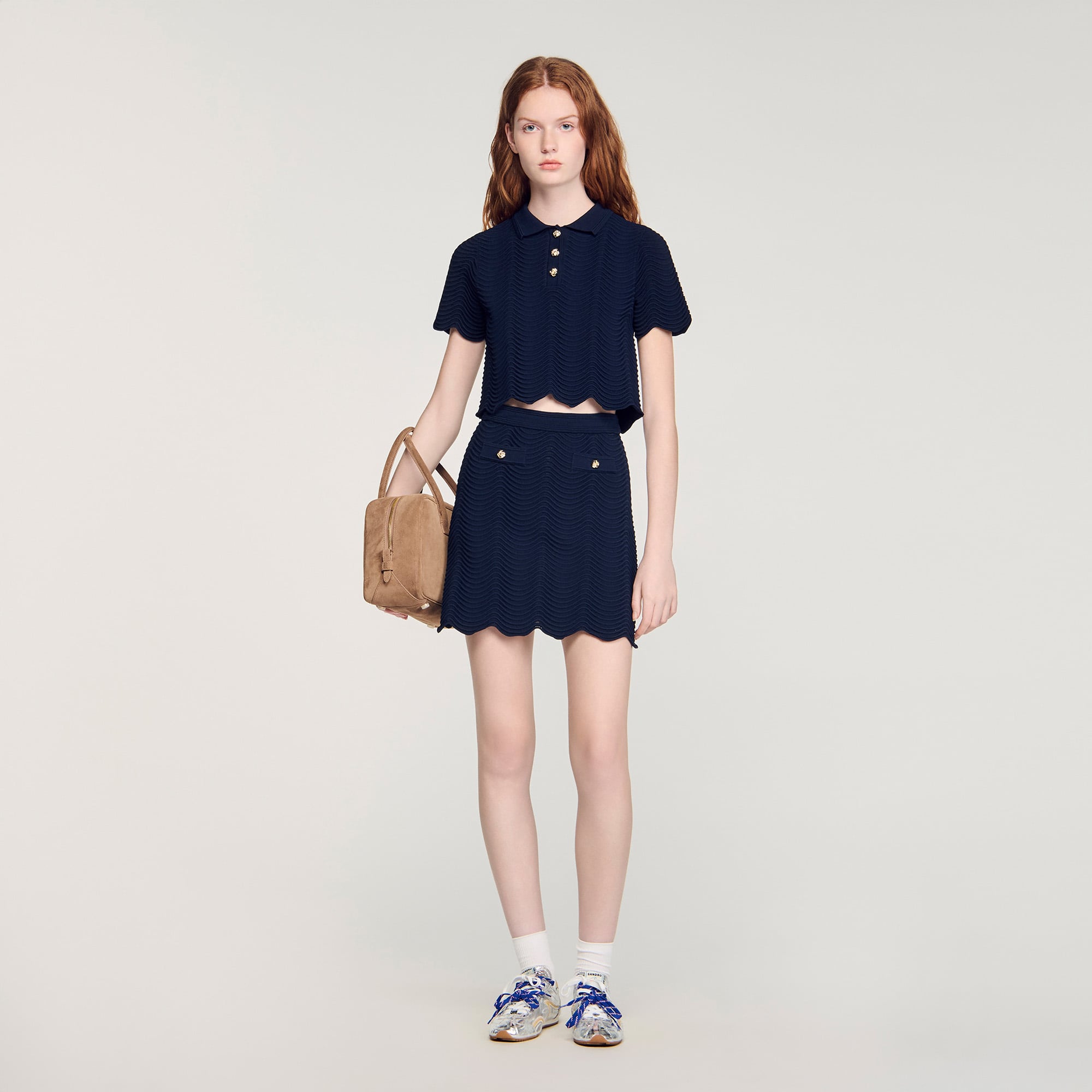 Decorative knit polo-neck sweater in Navy Blue for Women | Sandro