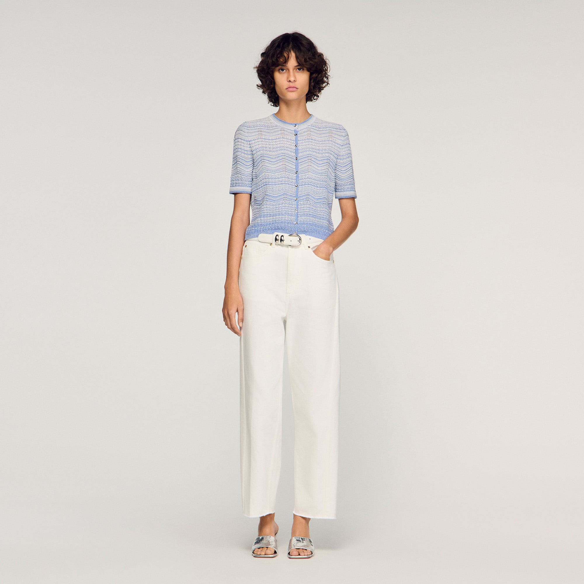 Sandro viscose Straight-cut decorative knit cardigan in a gradient colour, with a round neck and short sleeves