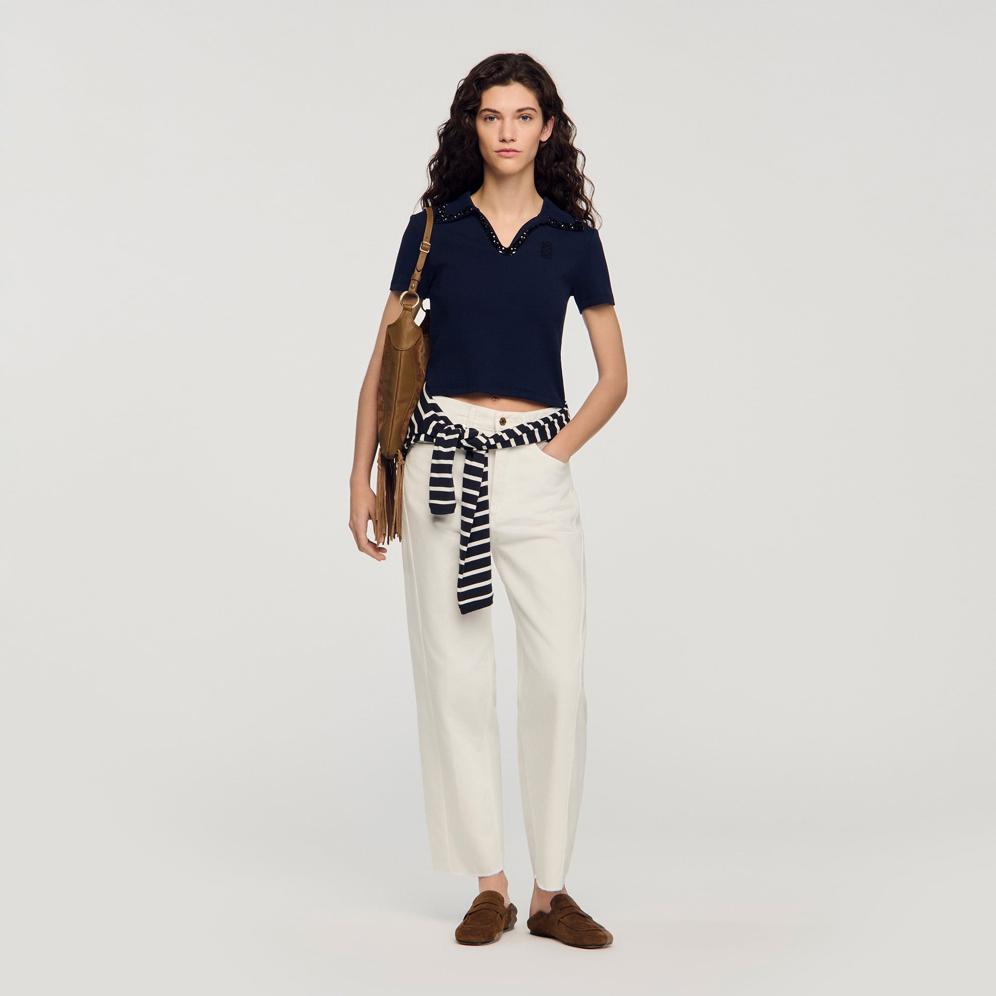 Sandro cotton Cropped polo shirt with a beaded collar, short sleeves and embroidery on the chest