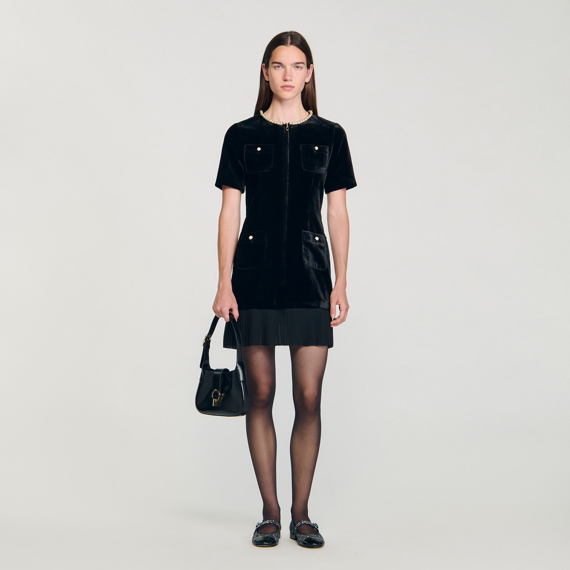 Mini velvet dress black / gray For Women | Sandro Paris