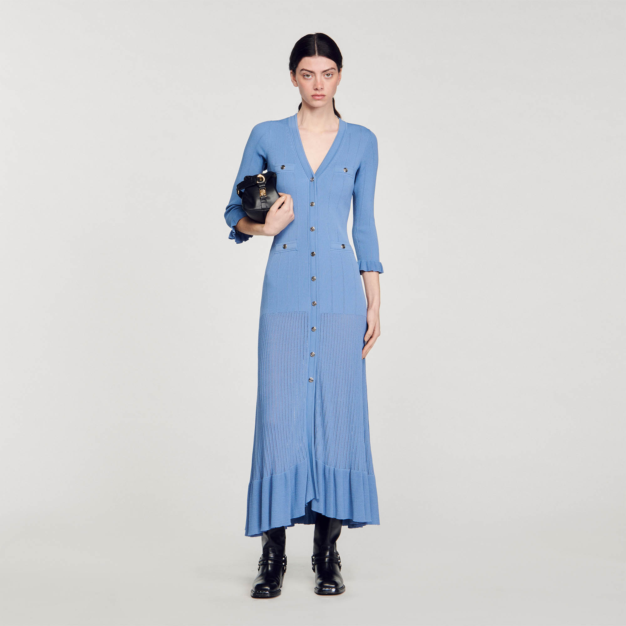 Sandro viscose Long knitted dress with long sleeves, ruffled cuffs, a V-neck, gold buttons, and a ruffle on the hem