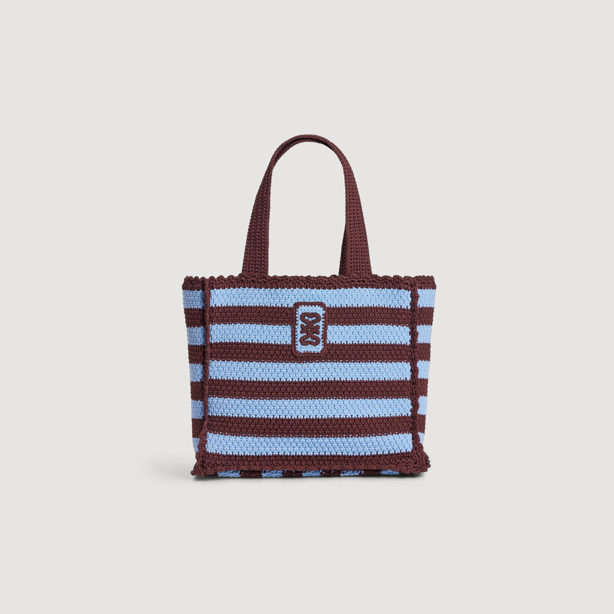 Sandro viscose Crochet mesh bag with two-tone stripes, adorned with Sandro logo patch
