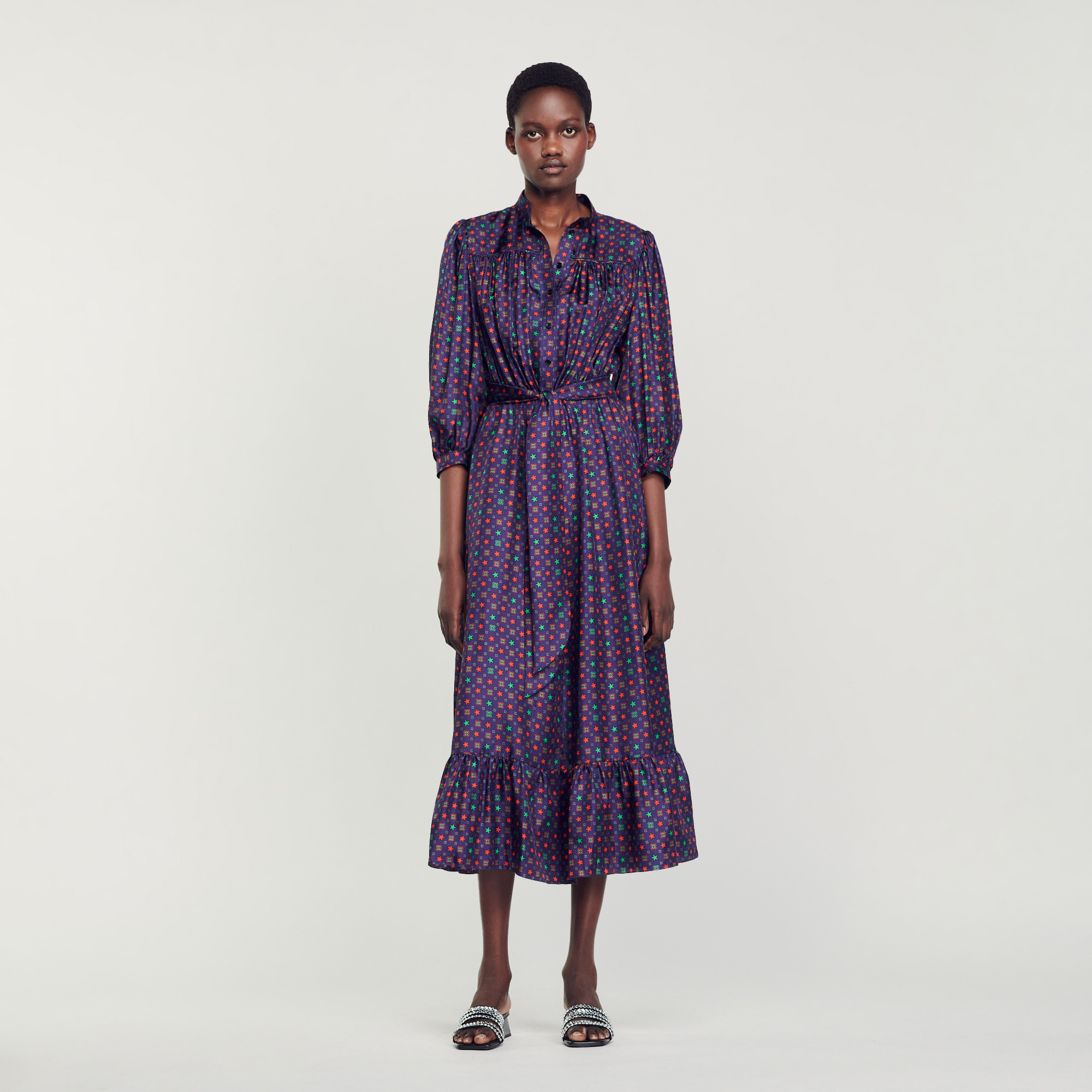 Sandro viscose Buttons: Mid-length satin dress embellished with a scarf print, with three-quarter sleeves, a button fastening, a tone on tone belt to tie at the waist and a ruffle on the lower length
