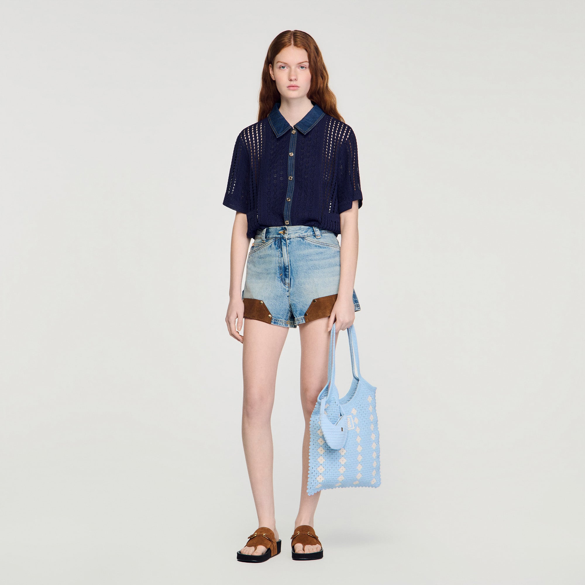 Crochet and denim top in Navy Blue for Women | Sandro Paris