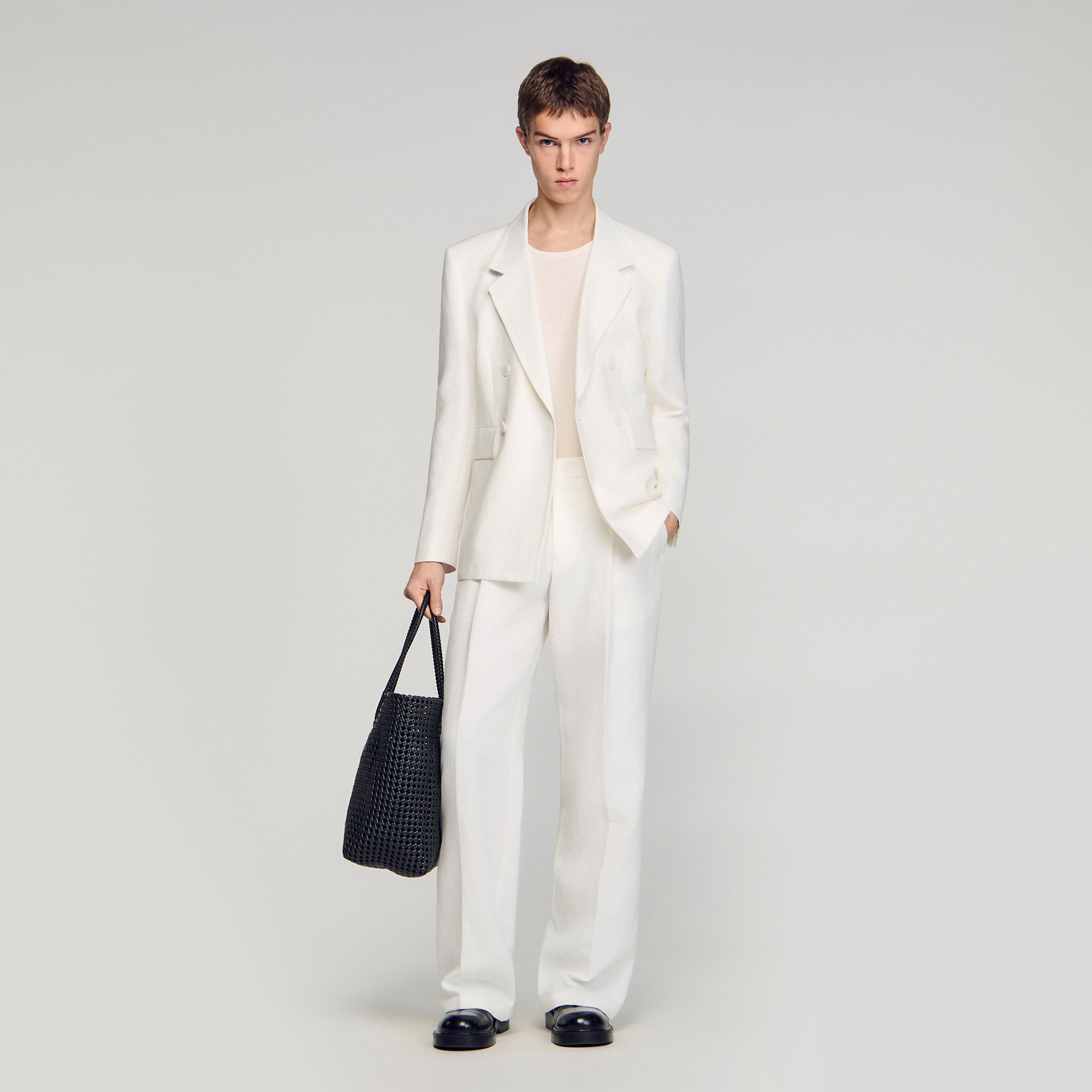 Sandro linen Double-breasted linen suit jacket, featuring a lapel collar, front button fastening and saddle stitch finishing