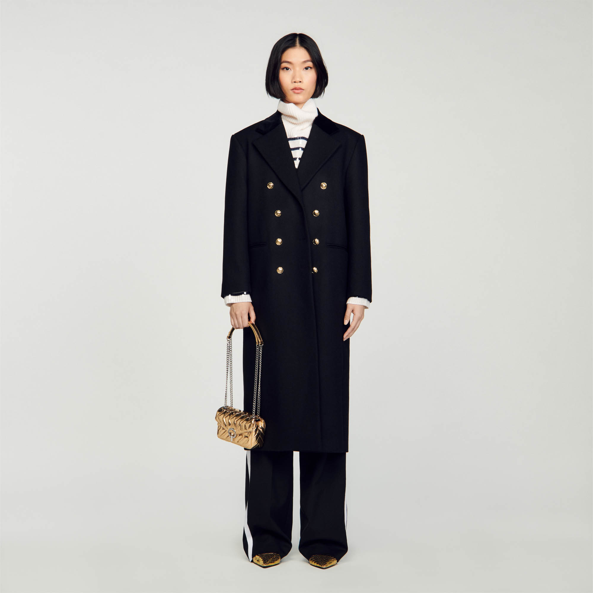 Sandro wool Long double-breasted coat with oversized lapel collar and velvet turn-up, featuring welt pockets