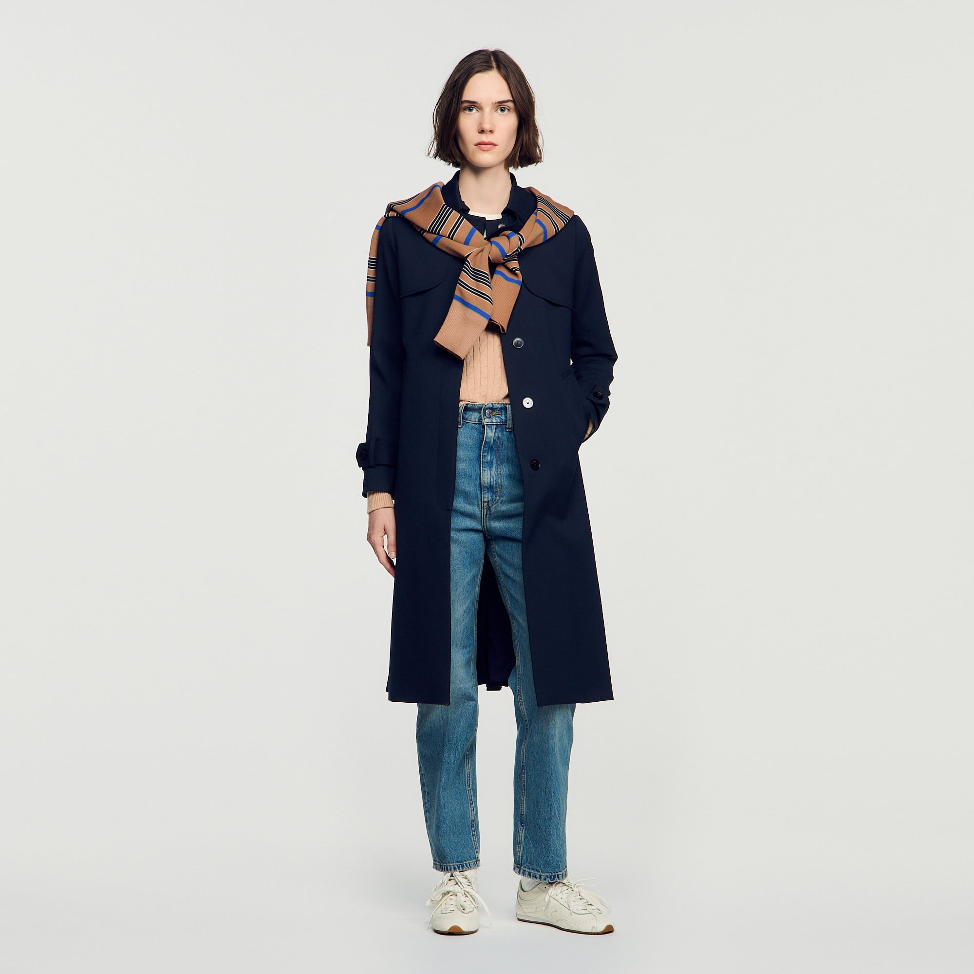 Trench coat with pleated inset in Navy Blue for Women | Sandro Paris
