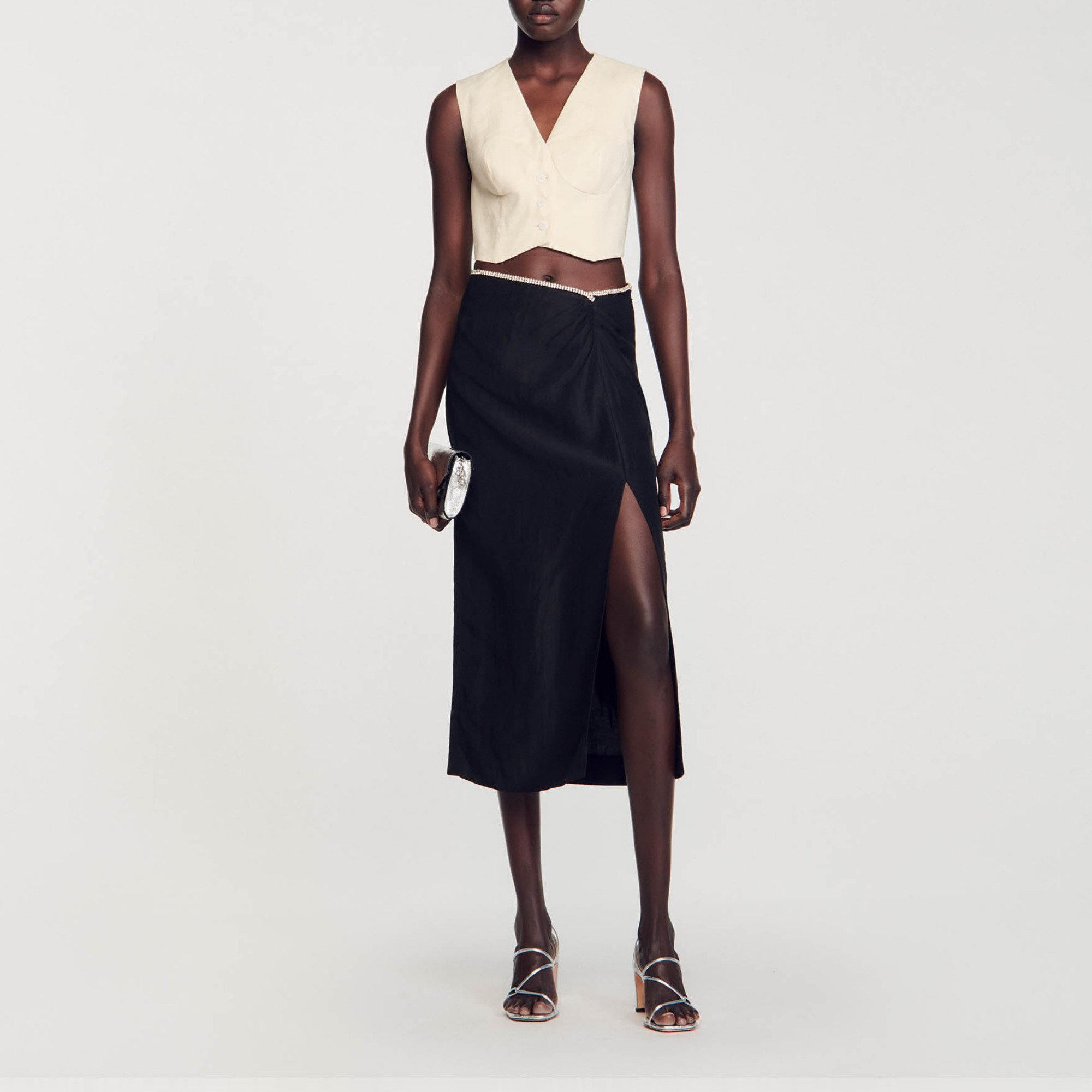 Skirt with a slit and rhinestones black / gray For Women | Sandro