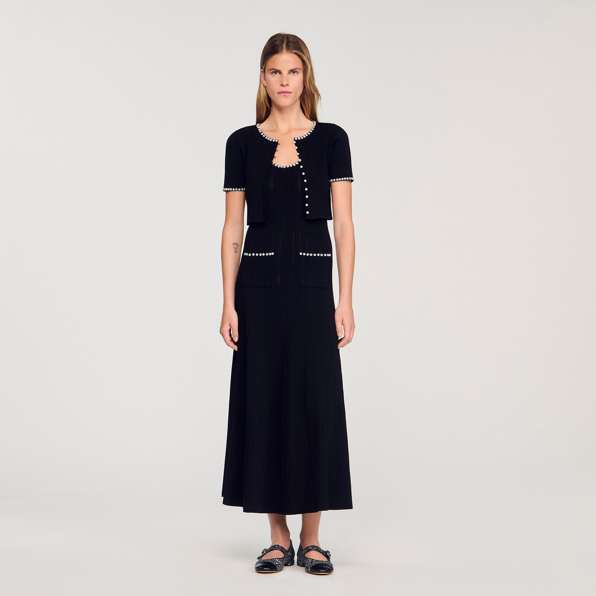 Cropped beaded cardigan black / gray For Women | Sandro Paris