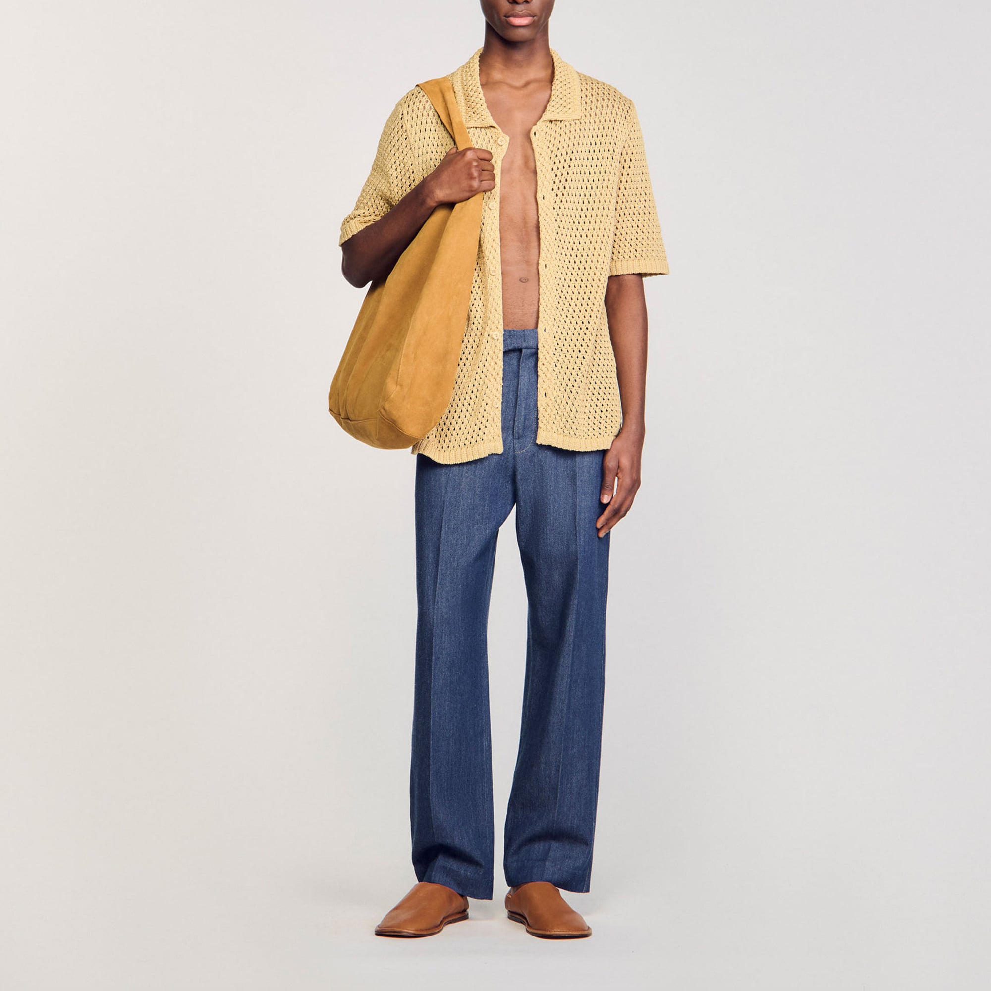 Sandro cotton Crochet shirt with short sleeves and button placket