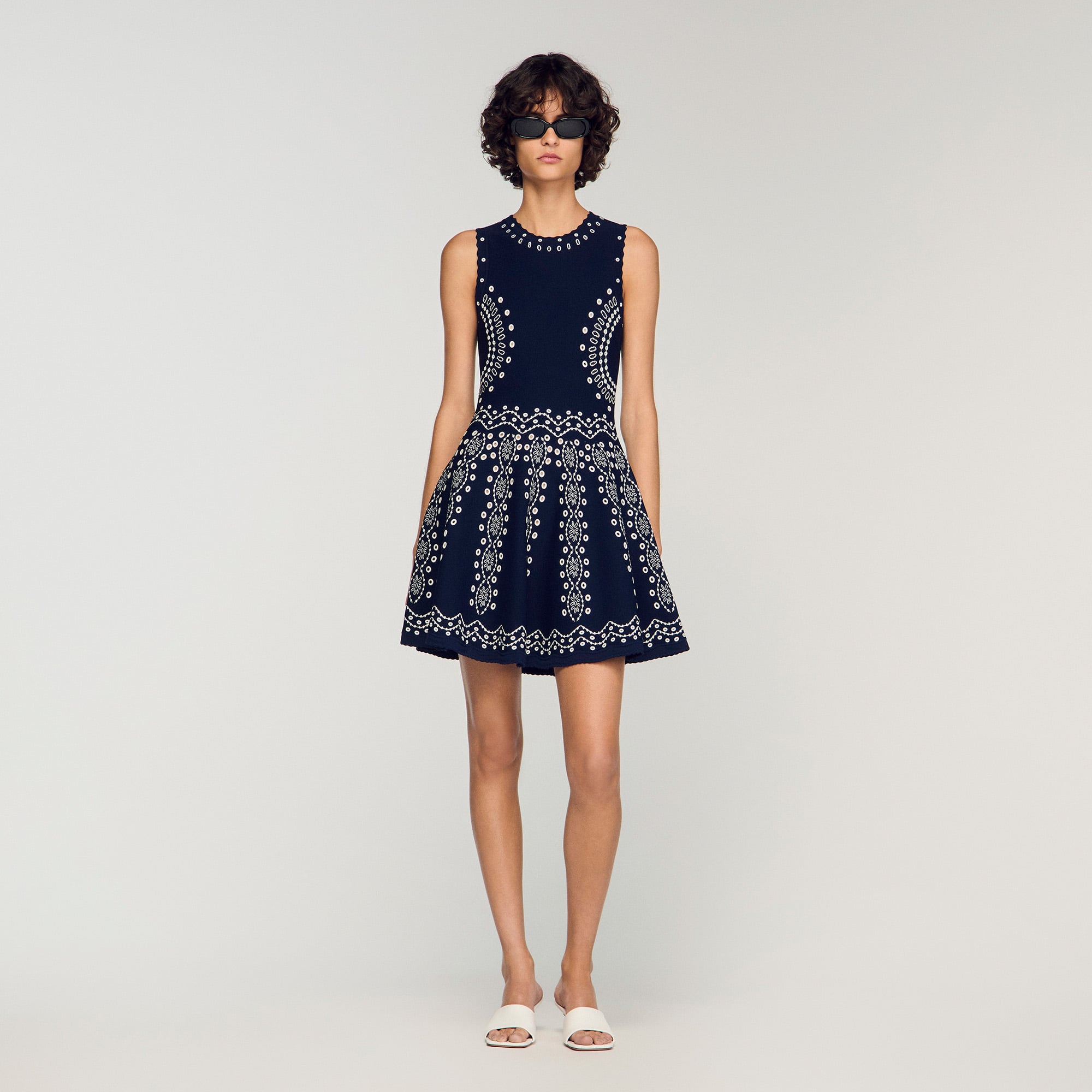 【日本未上陸ブランド】Paris sandro ネイビー プリーツドレス Scarf-print knit mini dress in Navy Blue for Women | Sandro Paris