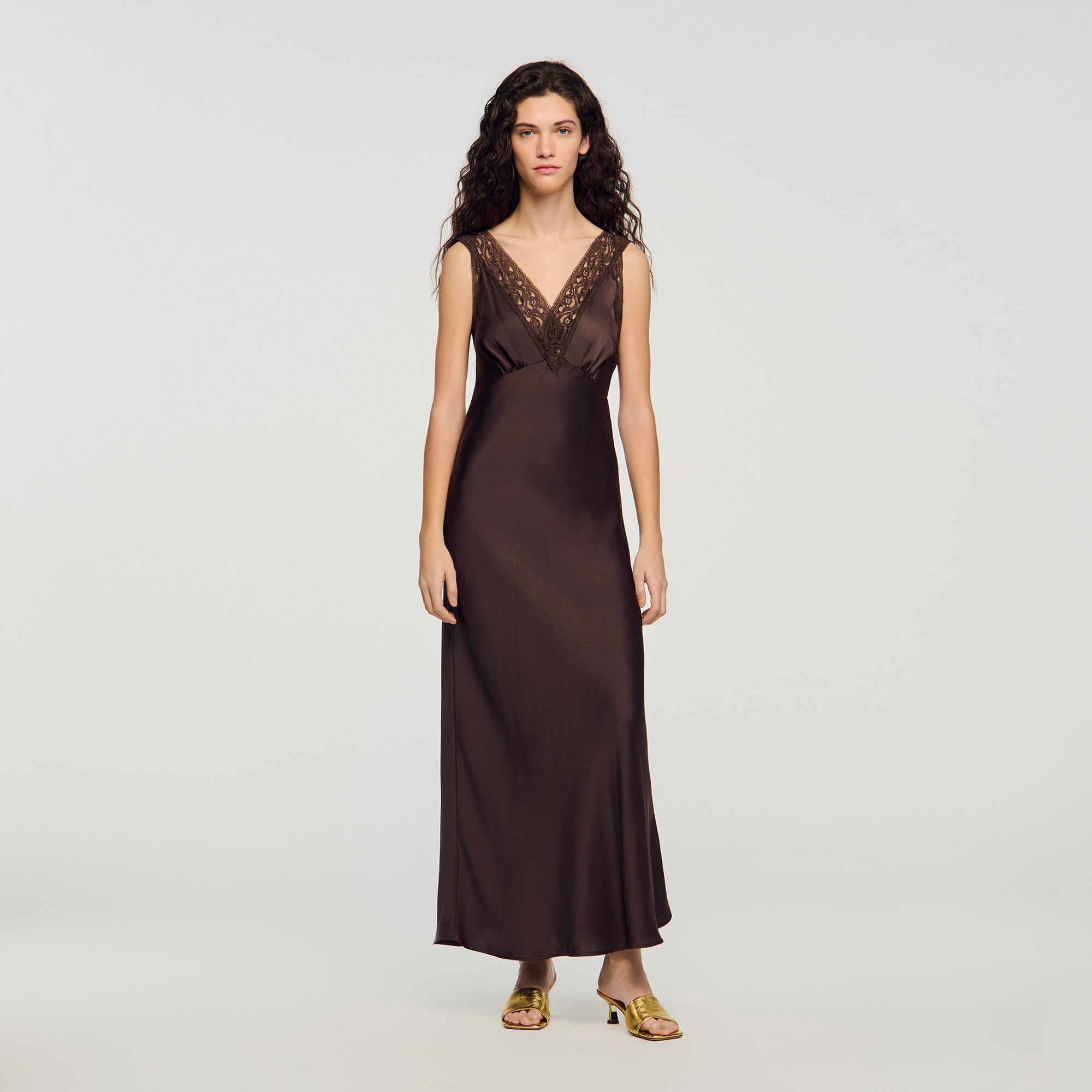 Sandro polyester Sleeveless lingerie-style maxi dress with a V-neckline decorated with lace