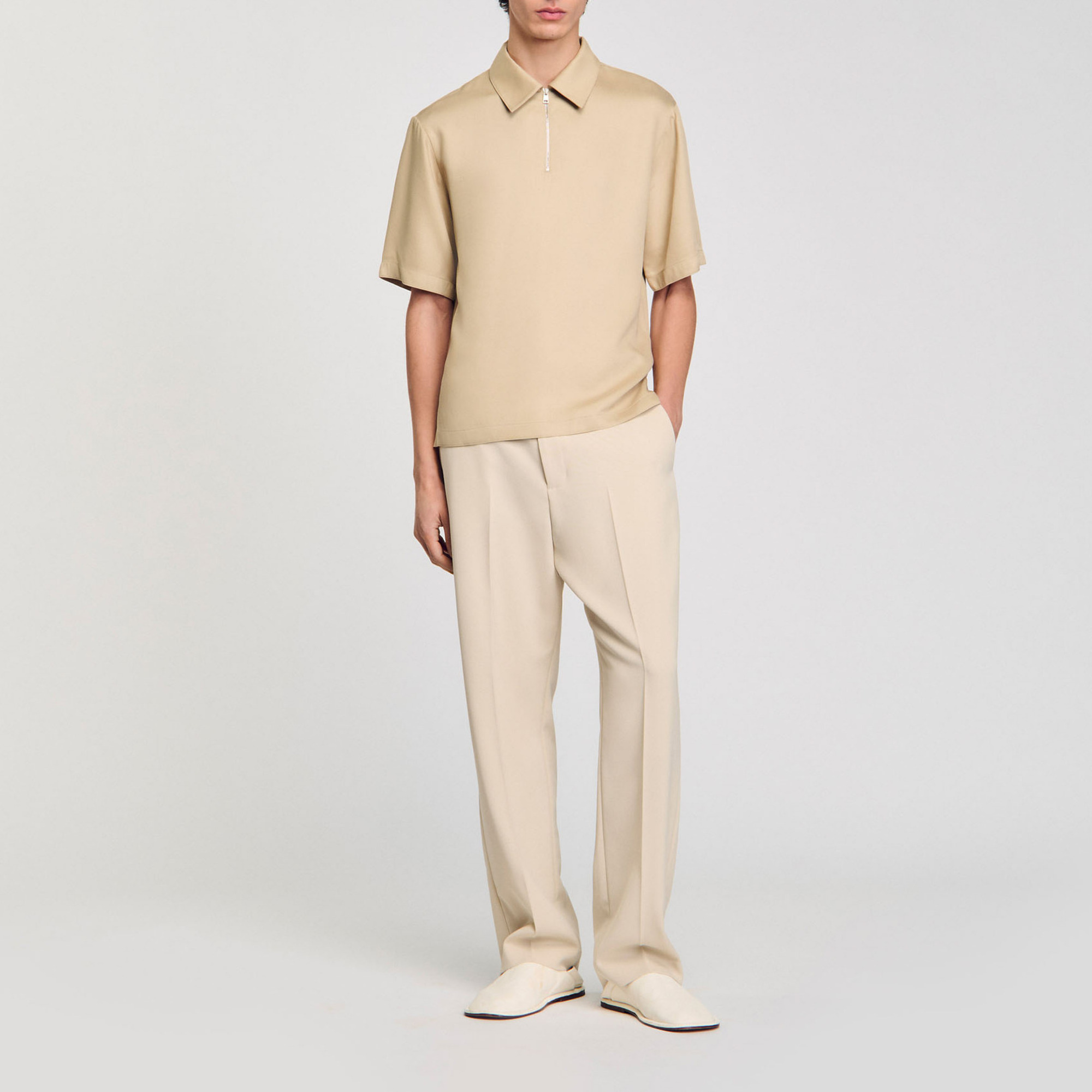 Zip-neck polo shirt in Sand. for Men | Sandro Paris