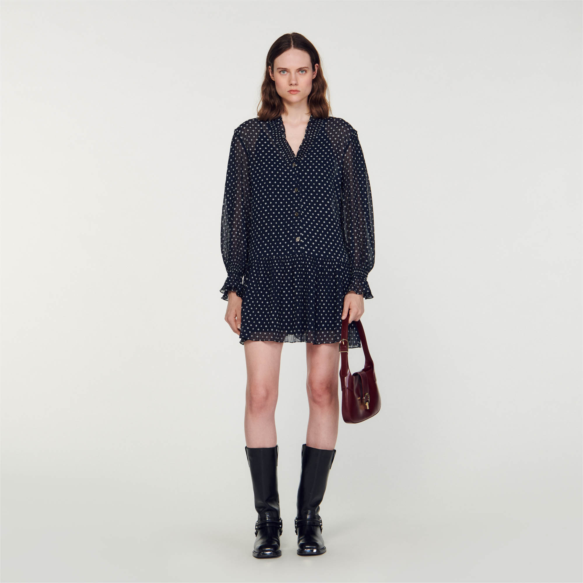 Sandro polyester Short voile dress embellished with polka-dot jacquard, featuring a V-neckline with smocked details, a button placket fastening with SANDRO-stamped buttons, voluminous long sleeves with frilly cuffs and a ruffled skirt