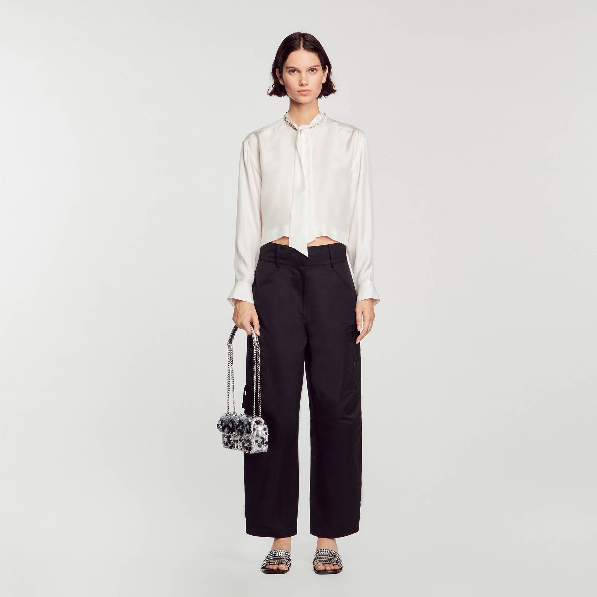 Sandro cotton Oversized cargo pants in shiny fabric with large zip-fastening flap side pockets and belt loops