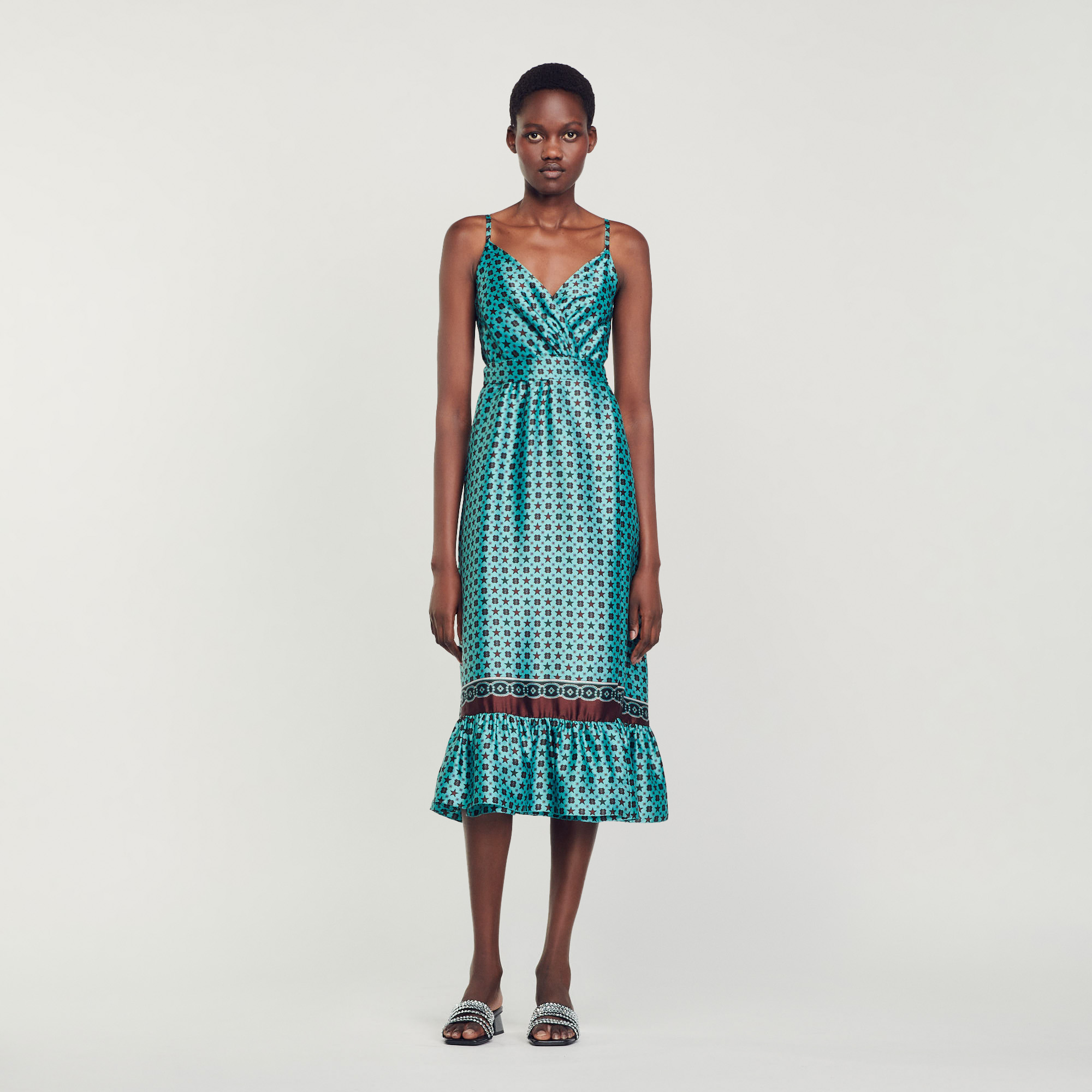 Sandro polyester Strappy midi dress with a crossover V-neckline, straps, a ruffle on the lower skirt, and a Stellar Festival print