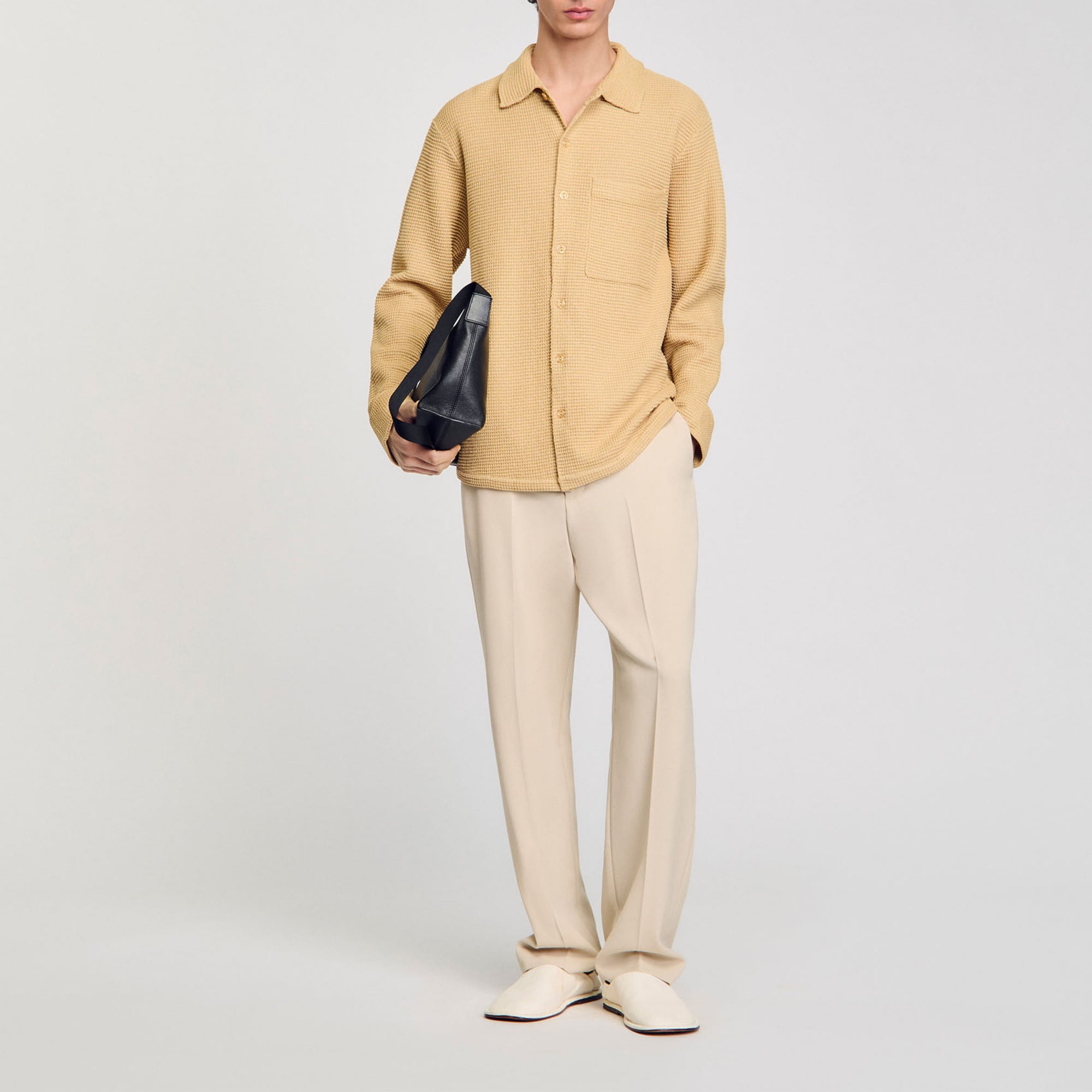 Sandro viscose Oversized knit shirt with shirt collar, long sleeves with buttoned cuffs, button fastening and patch pocket on chest