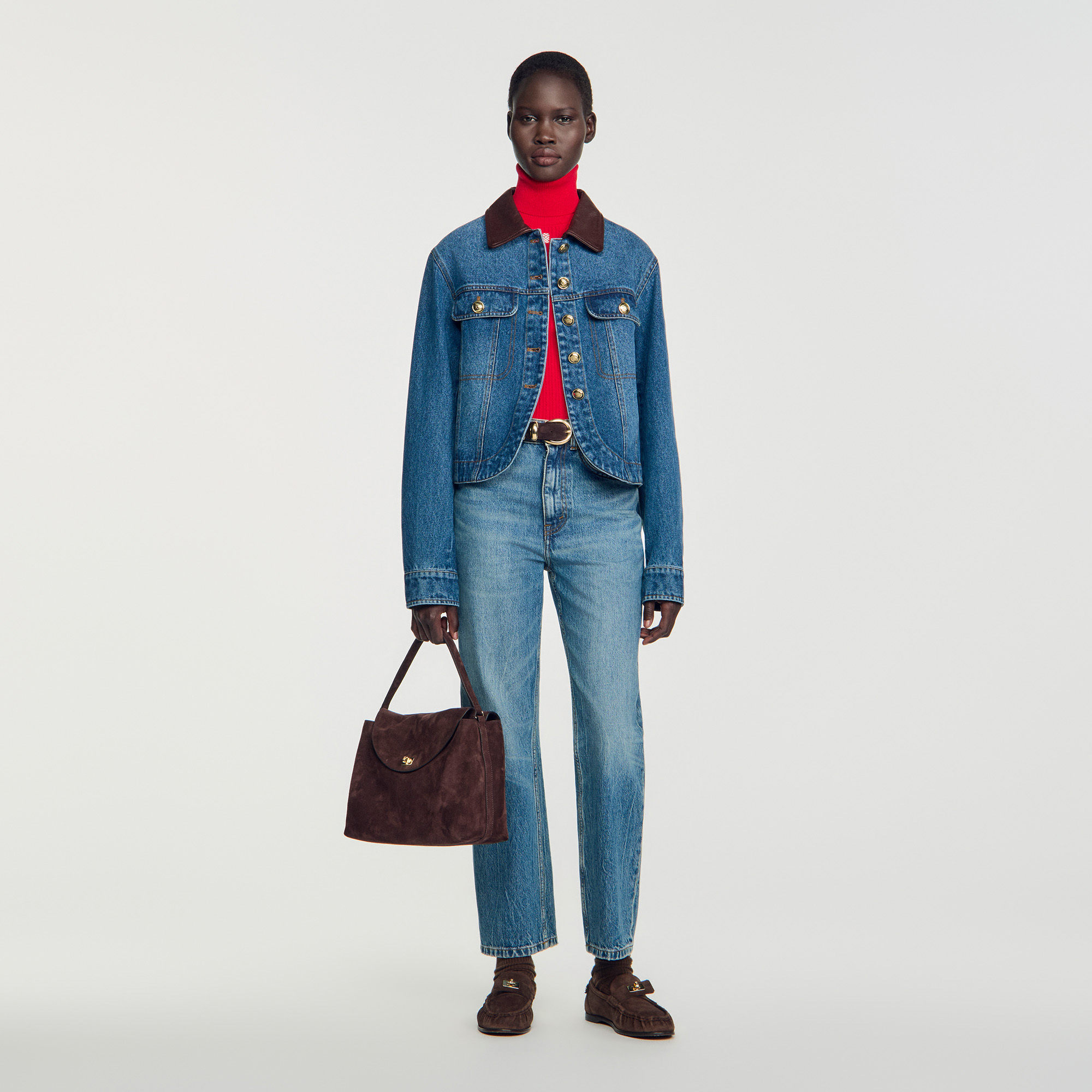 Denim jacket with leather collar