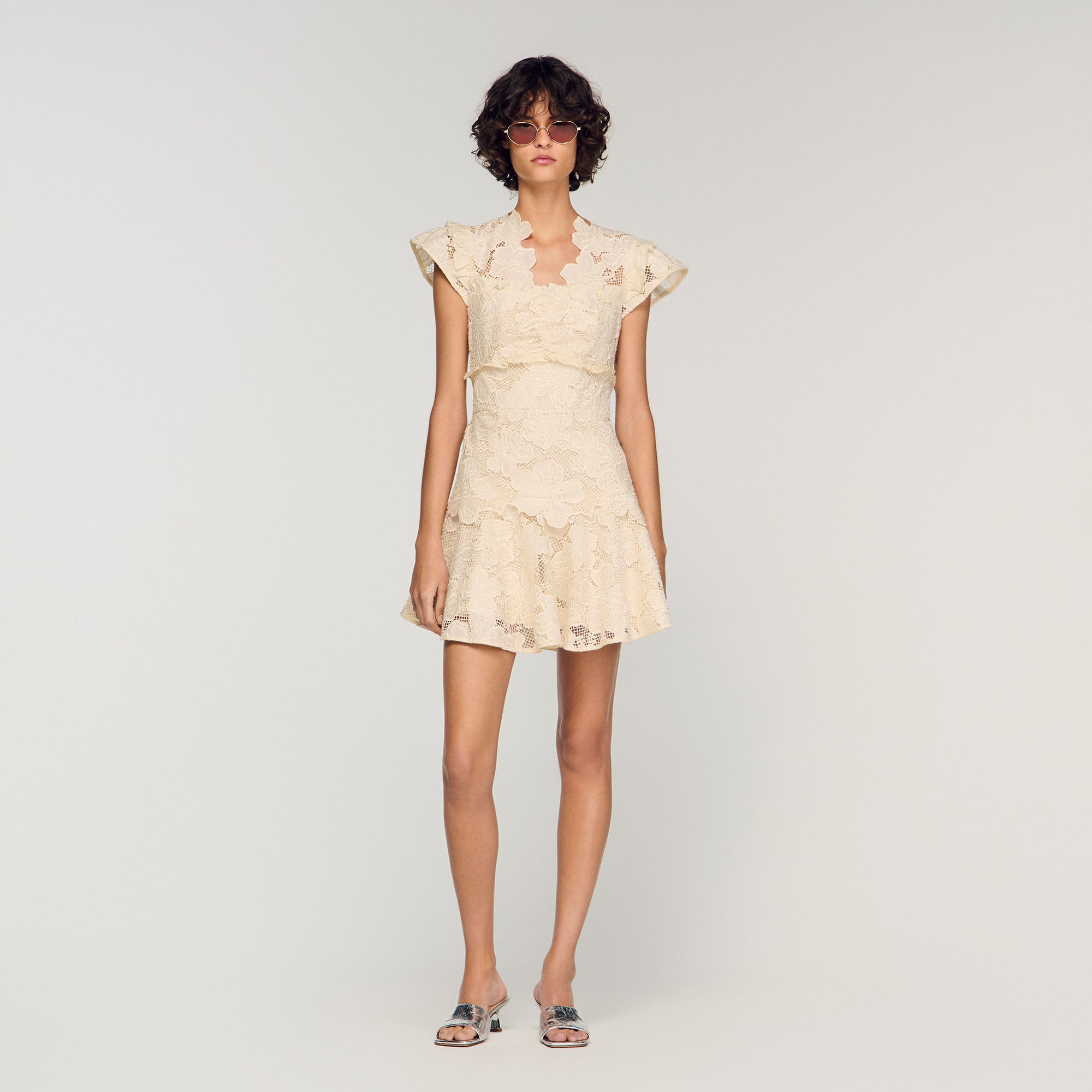 Mini guipure dress in Ecru for Women | Sandro Paris Mini guipure dress in Ecru for Women | Sandro Paris