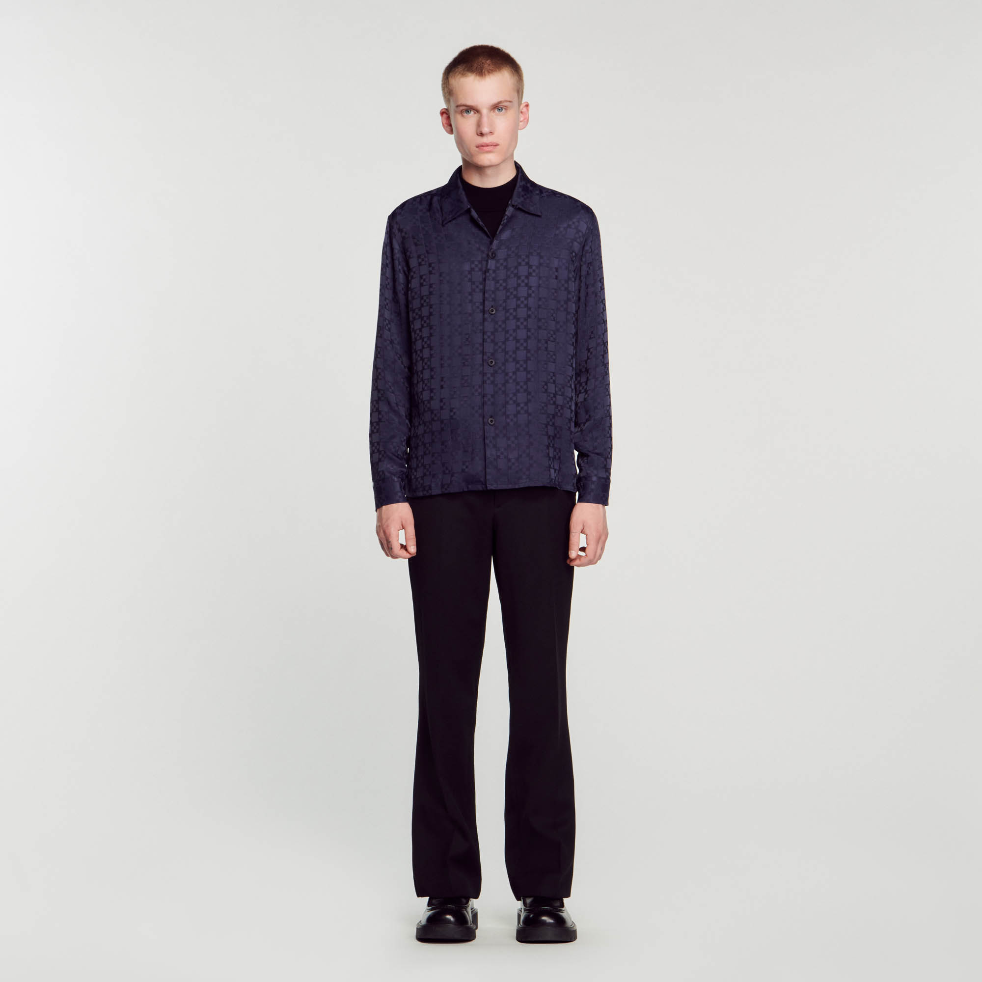 Sandro viscose Satin-finish floaty shirt in Square Cross jacquard, featuring a shark collar, long sleeves with buttoned cuffs and a button fastening