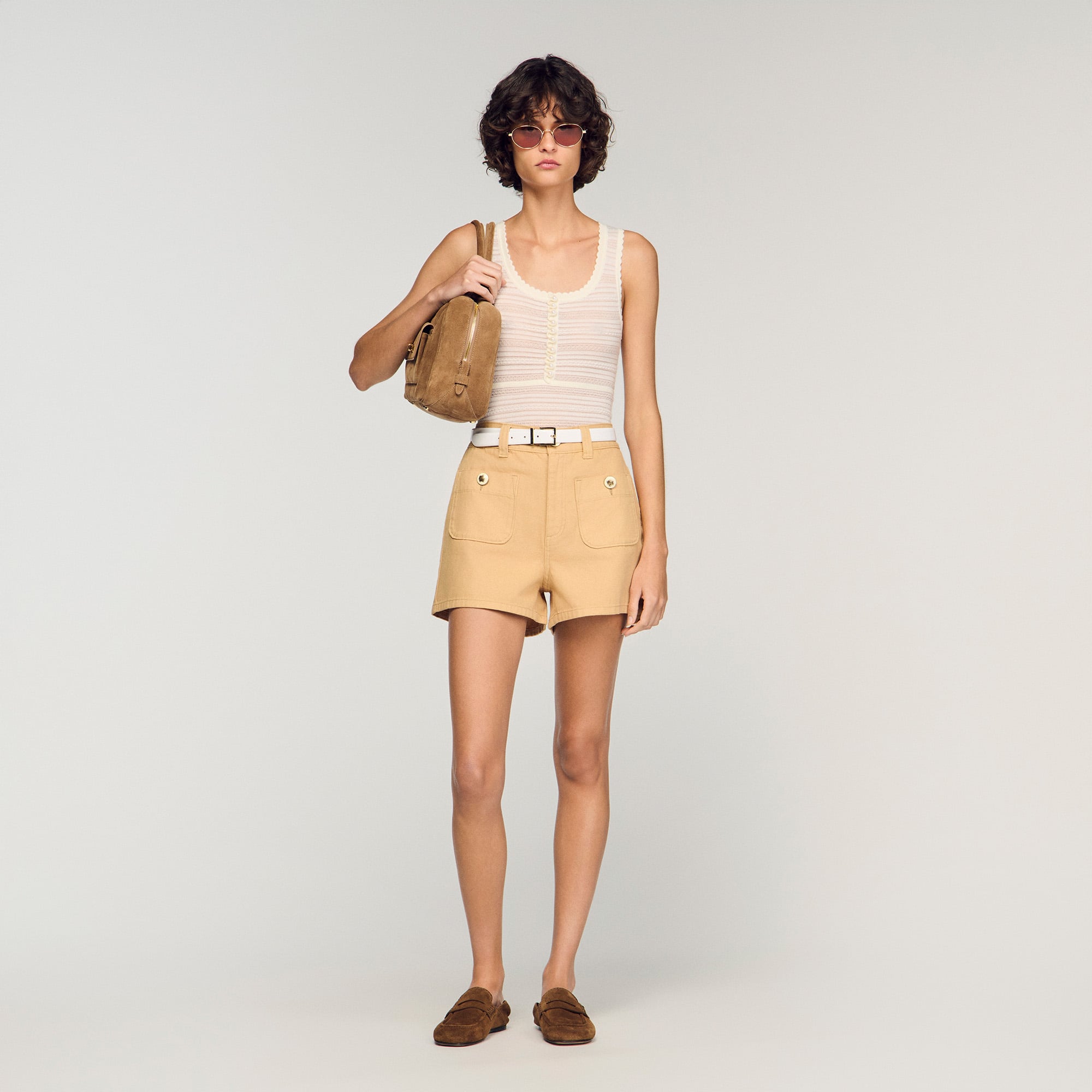 Sandro cotton High-waisted, straight-leg denim shorts with buttoned patch pockets on the front and a button fastening