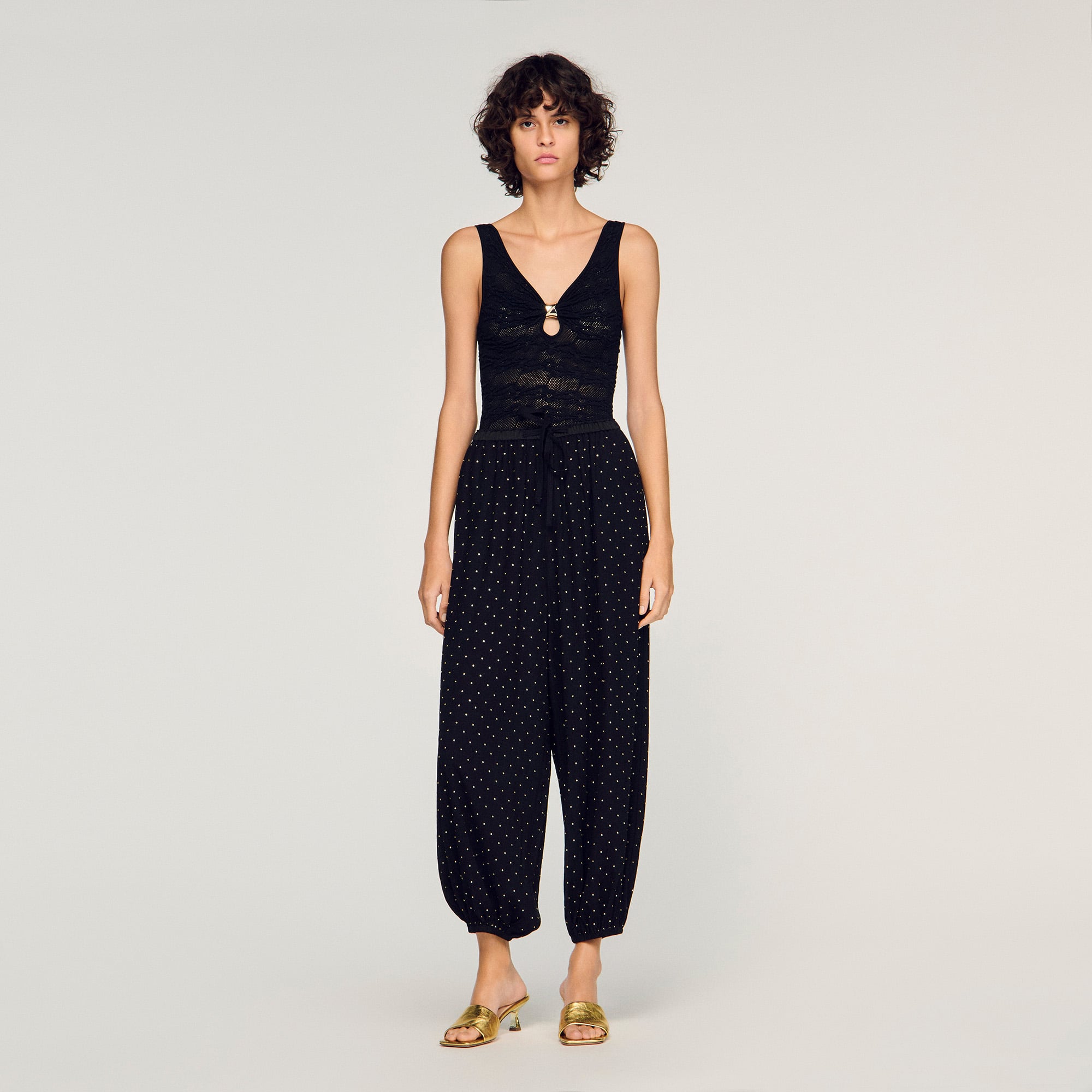Sandro acetate Slim-fit textured knit bodysuit, featuring a V-neck embellished with gold jewelry detail and thin straps